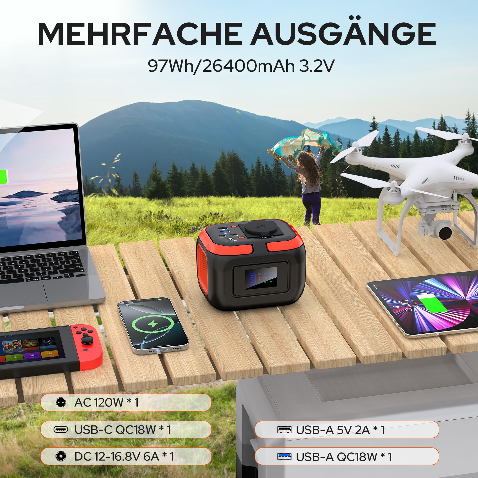SinKeu Tragbares Powerstation 97Wh, 26400mAh Mini Generator mit 120W 230V AC Steckdose, 12V DC, USB Ports für Handy Laptop, Mobiler Stromversorgung Akku für Camping Reise Notfall(ohne Solarpanel)