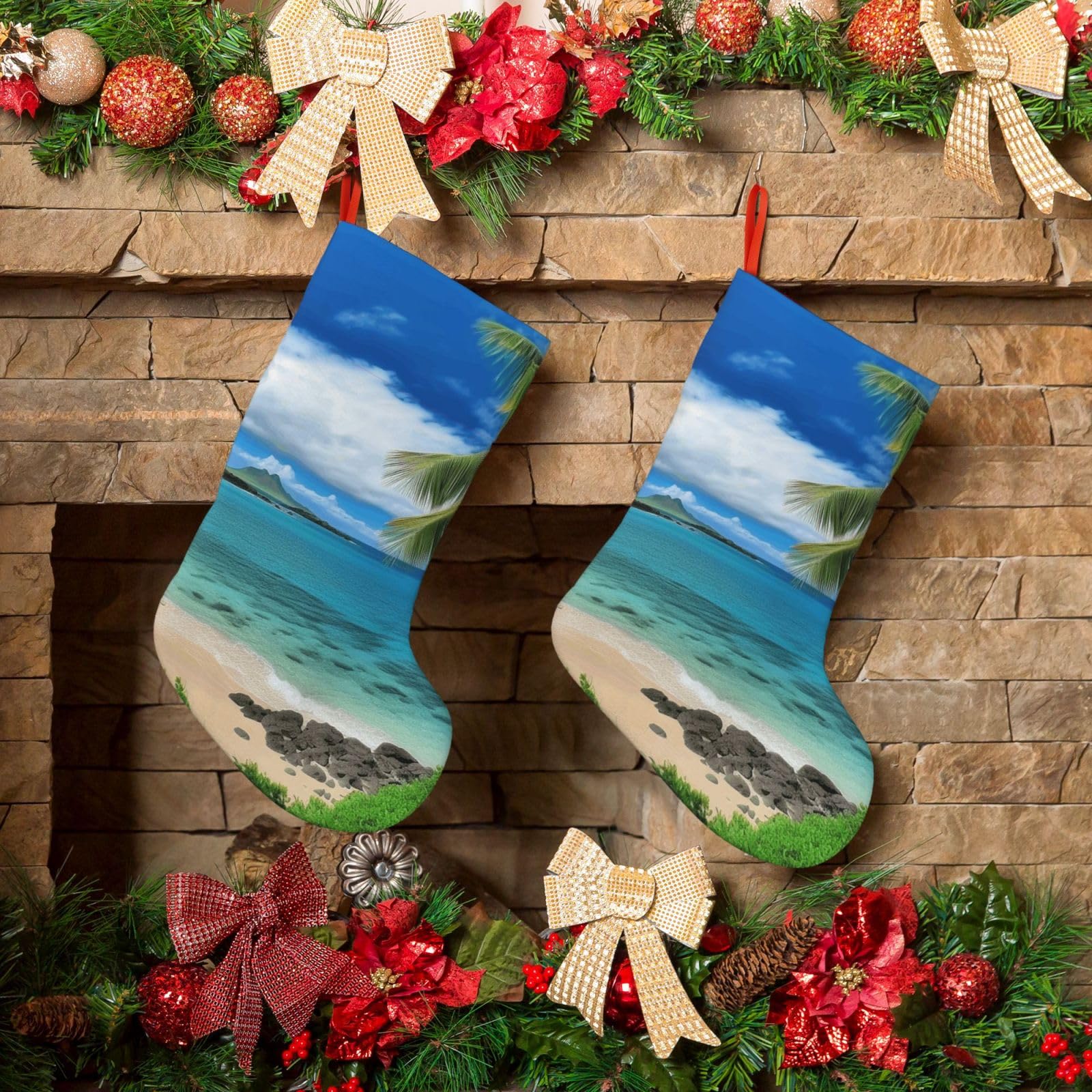 KLOPH Christmas Stockings 18" Personalized Xmas Stocking Tropical Palm Tree Hawaii Beach Decoration Stocking Hanging Fireplace Stocking for Holiday Xmas Tree Christmas Fireplace Decor