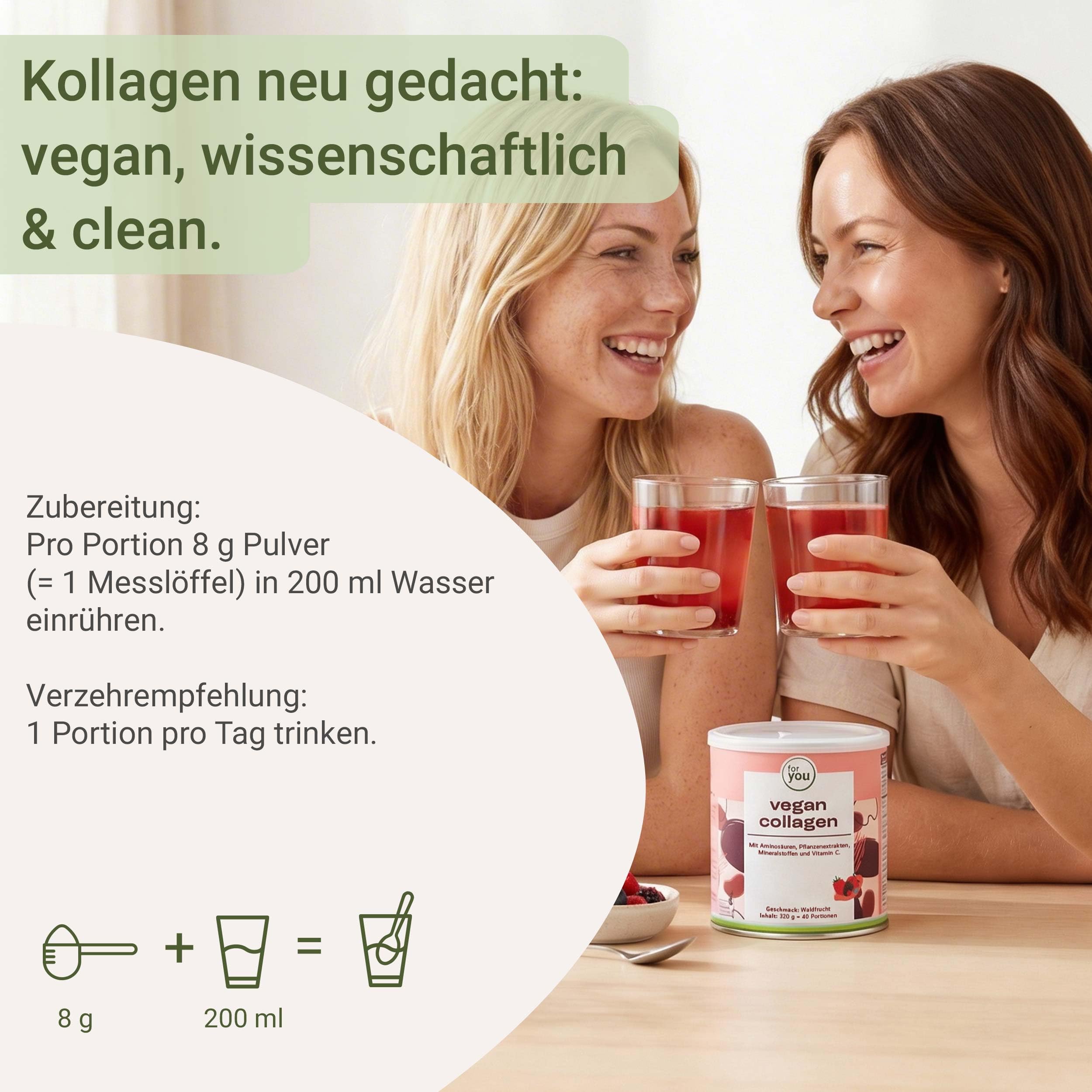 for you vegan collagen Pulver Waldfrucht + Hyaluronsäure Doppelpack - Enthält vegane Typ-1-Kollagenalternative VeCollal®, ohne Zucker, mit Biotin, Vitamin C, Zink & Silizium – für Haut, Haare & Nägel
