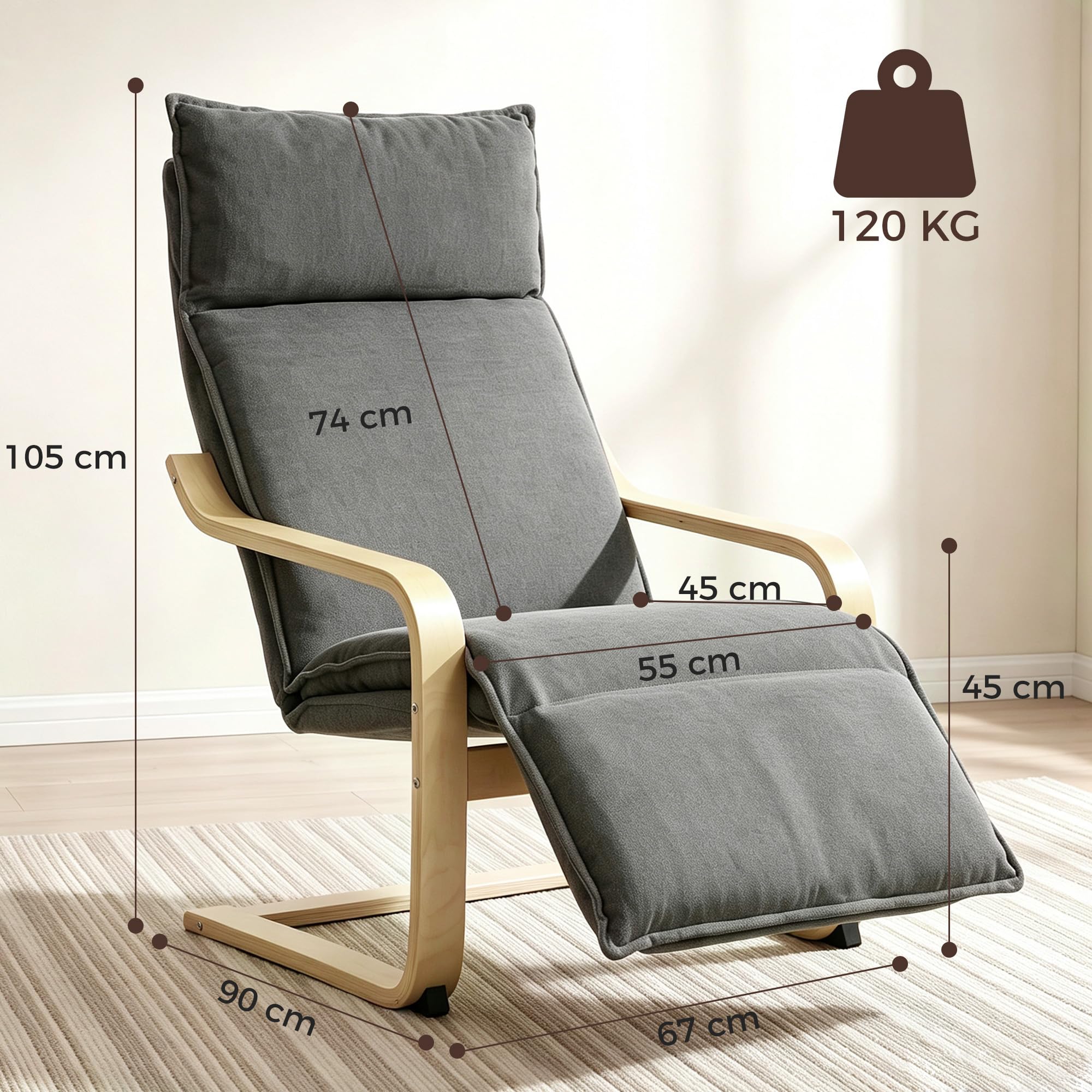 HOMCOM Poltrona Camera da Letto in Legno di Betulla con Poggiapiedi, Poltroncina Dondolo Ergonomica in Tessuto Effetto Lino, Seduta Imbottita, Braccioli Curvi, per Salotto e Soggiorno, Grigio Scuro