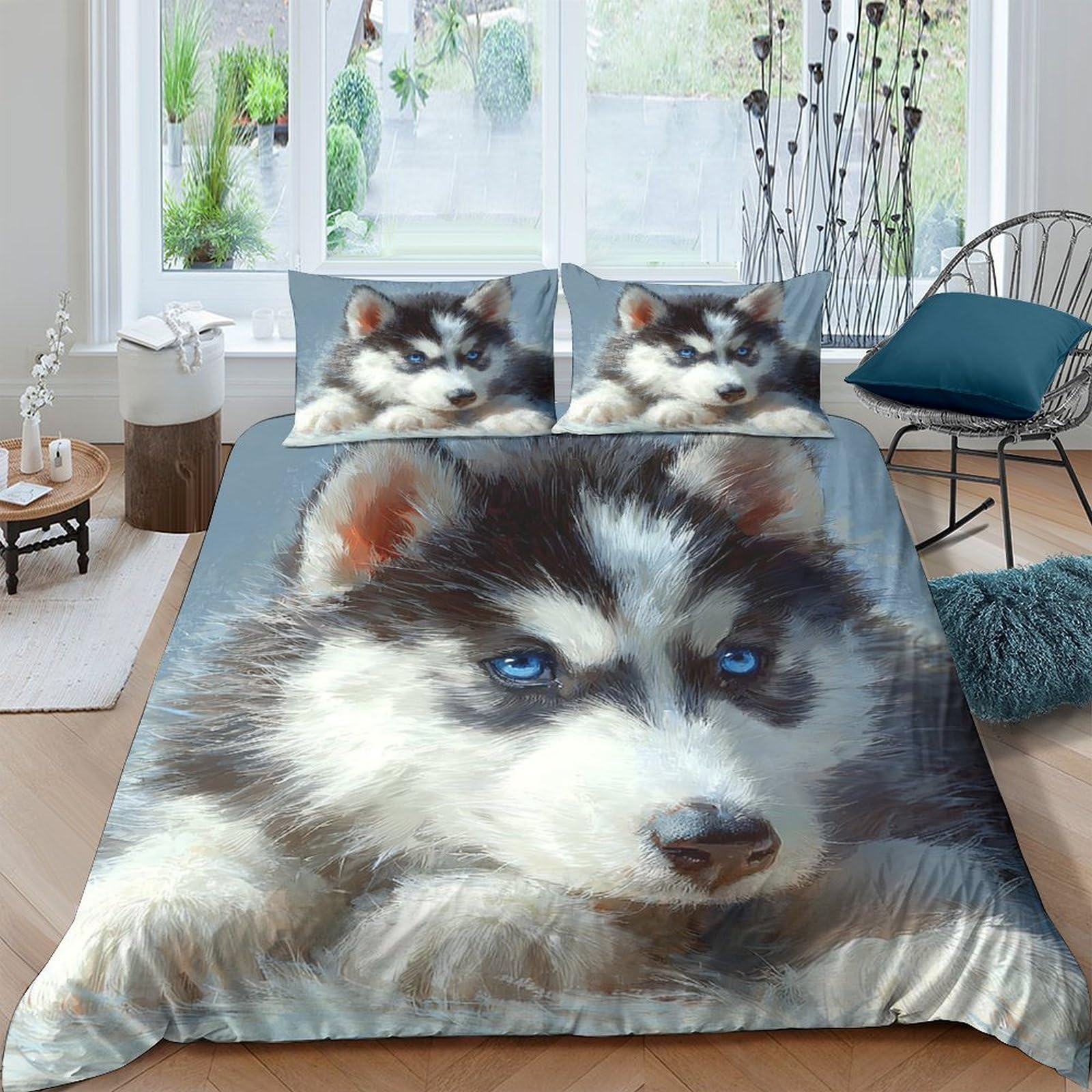 TUFRTGYHN 3D Printed Husky Wolf Duvet Cover Microfiber Soft Breathable Animal Bedding Set with 2 Pillowcases for Bedroom Decor Single（135x200cm）