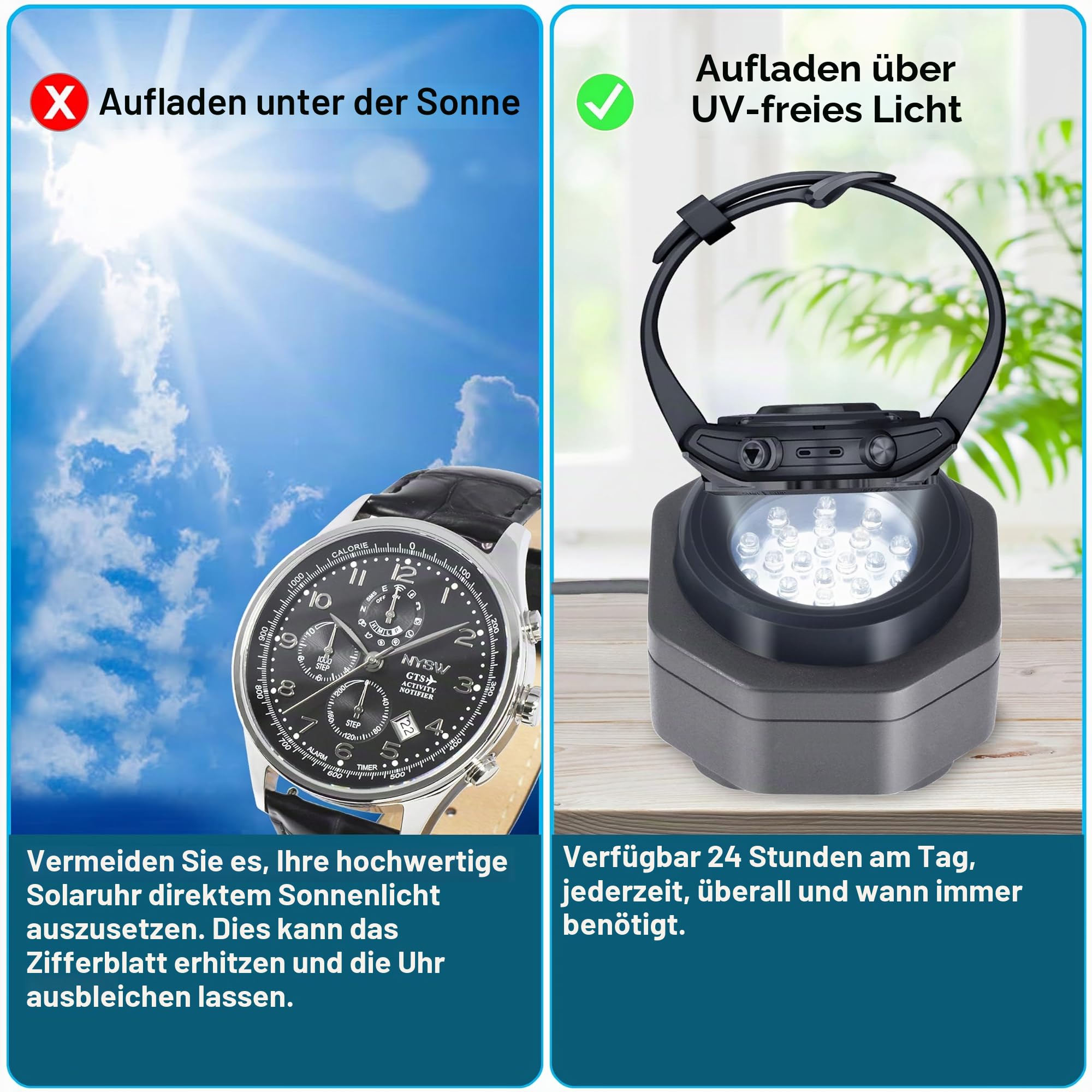 CoolFire - Typ-C UV-freies Solaruhr-Schnellladegerät für alle Eco-Solaruhren für Herren, Reloj Hombre tragbares Batterieladegerät. für alle Arten von Öko-Solaruhren. (Silber)