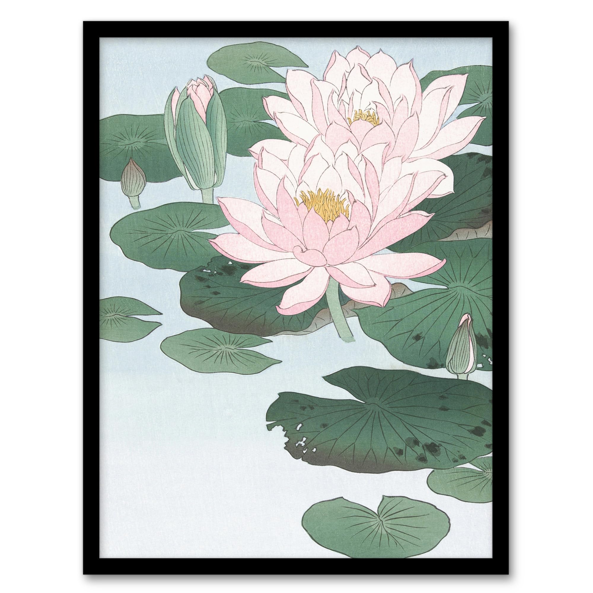 Artery8 Japanese Wall Art Print - Pink Water Lily Flower Bloom - W12" x H16"