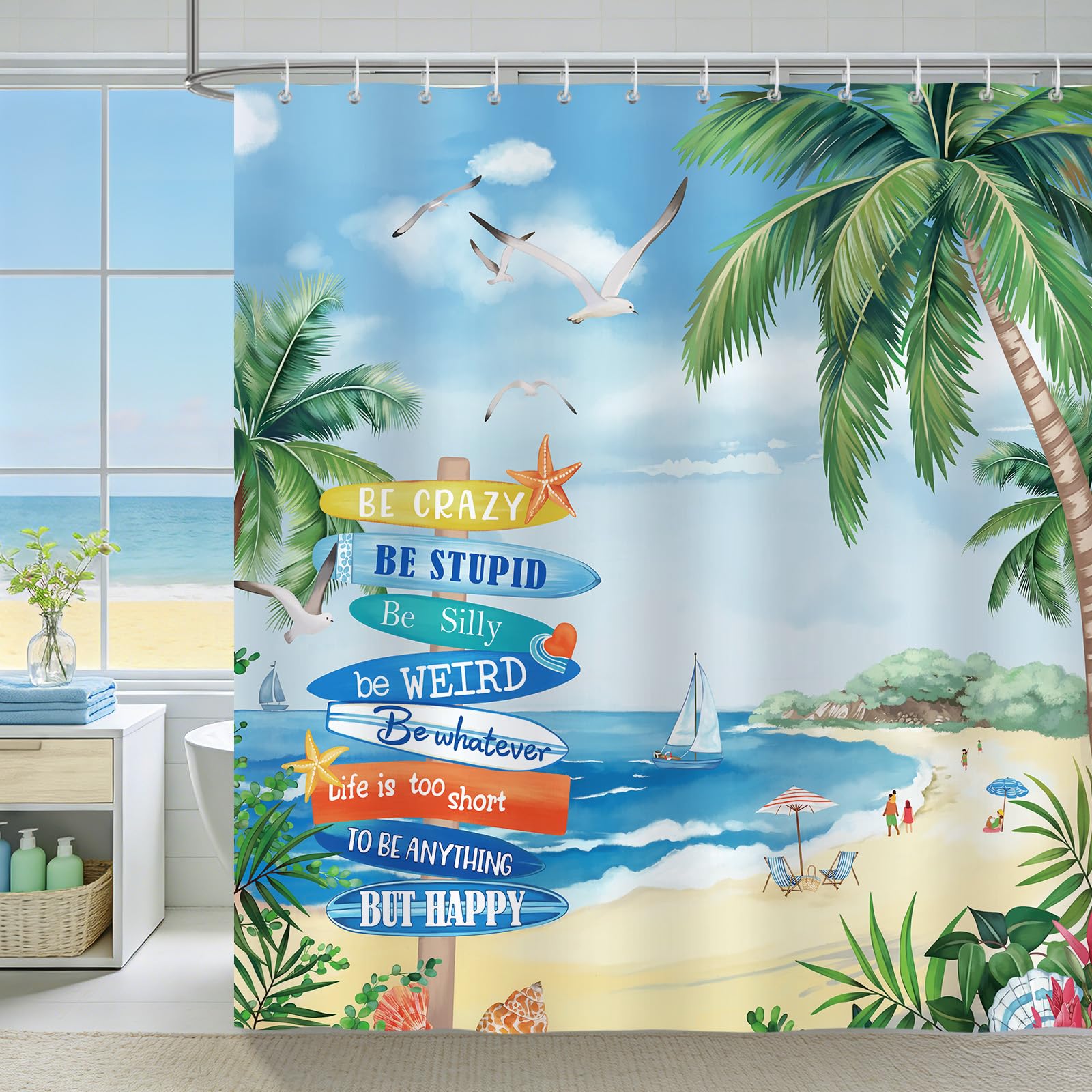 COZZSNUGE Tropical Beach Shower Curtain, Summer Blue Ocean Palm Tree Quotes Hawaiian Coastal Bathroom Curtain 180 x 180 cm, Water Repellent Mildew Resistant Polyester with 12 Hooks