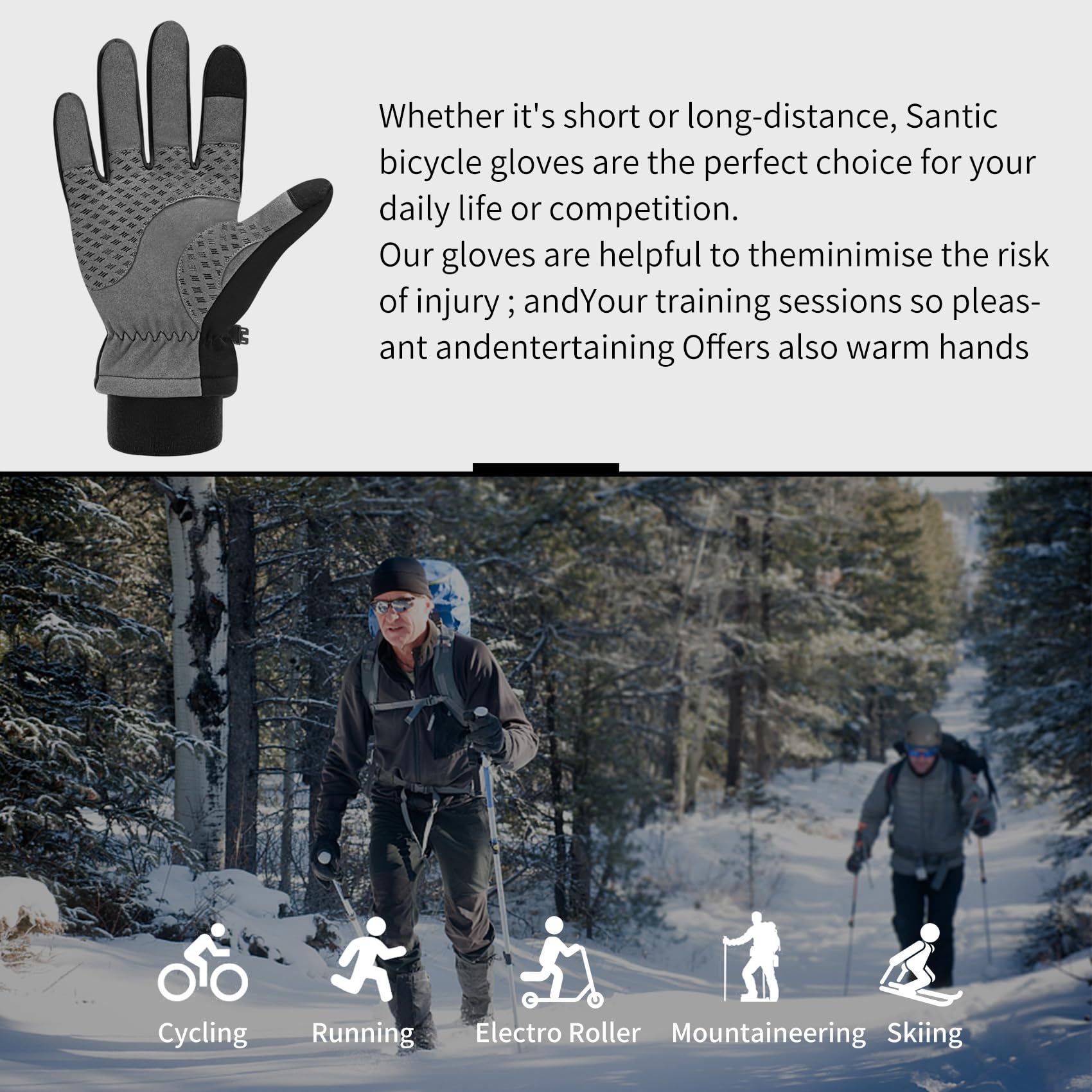 Santic Guanti termici invernali da ciclismo per uomo e donna, fodera in pile, dita intere, touch screen, impugnatura morbida, per allenamento, corsa, ciclismo