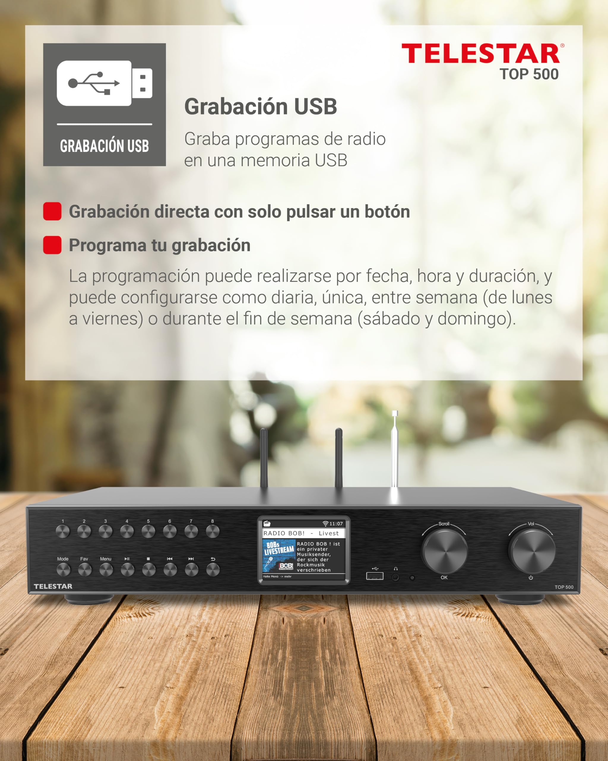 TELESTAR Top 500 – Sintonizador HiFi de 43 cm de Ancho – Negro | WiFi 2,4 & 5 GHz, radio por Internet/DAB+, streaming, Bluetooth audio RX/TX, modo hotel, grabación USB