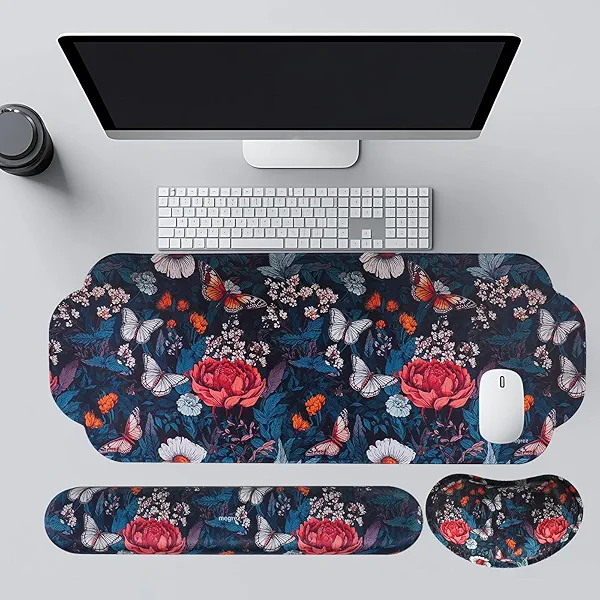 MEGREZ Large Mouse Pad&Wrist Rest Support for Mouse&Keyboard Wrist Rest, Ergonomic Memory Foam Wrist Rest, 3-in-1 Non-Slip Base Cloud Shape Desk Pad Mat for Home/Office， Butterflies Fly in the Flowers