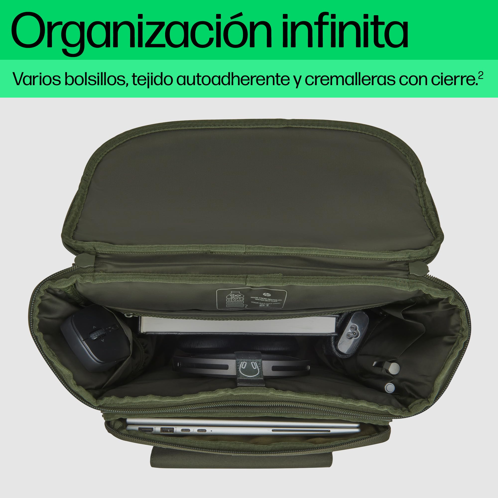 HP Mochila Modular para Portátiles de hasta 15,6", 3 en 1 (Mochila, Funda y Bolso Bandolera Extraíble), Resistente al Agua, Bolsillo con Bloqueo RFID, Cremalleras de Seguridad, 27 L, Verde