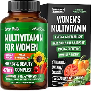 Multivitamínico para mujer - Complejo B | Alimentos integrales | Apoyo al crecimiento del cabello | Digestión y metabolismo | Hierro - Multivitamínico 47 en 1 para mujer - Biodisponible y suave para