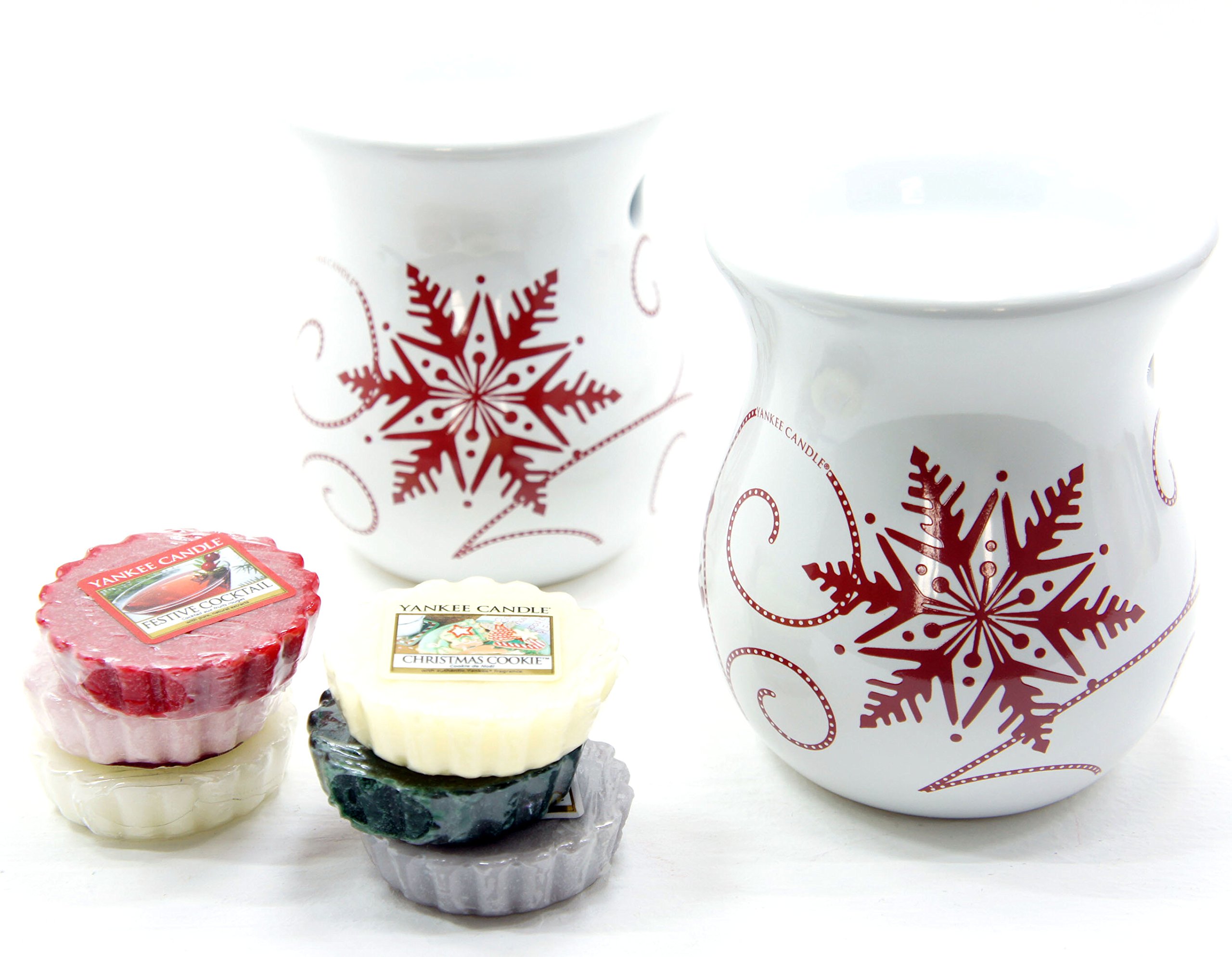 Yankee Candle 2 x Official Ceramic White Snowflake Wax Melt Warmer Burners Include 6 x Assorted Christmas Festive Season Tarts