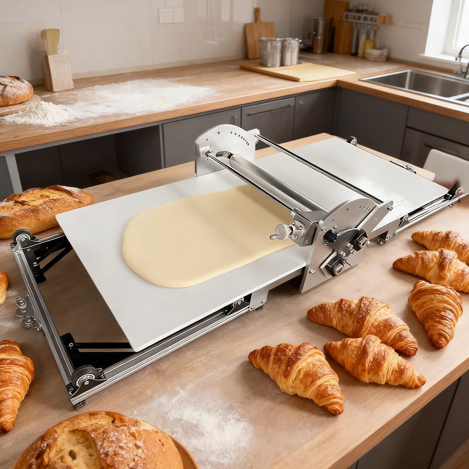 Sfogliatrice Automatica per Pasta Sfoglia, Sfogliatrice Pieghevole per Panetteria/Pizza/Croissant/Pasta Fondente, Acciaio Inossidabile + Spessore Regolabile 2-30 Mm + Impasto Reversibile