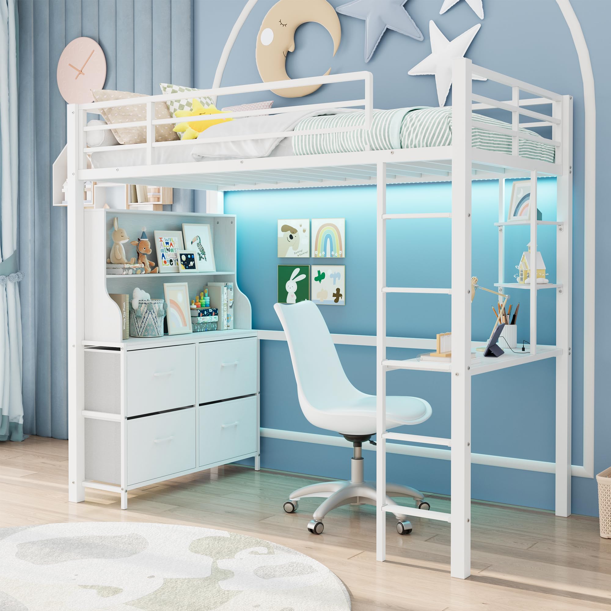 garveehome loft bed twin size with desk, 4 large fabric drawers and 2 storage shelves, heavy duty metal loft bed with led lights & charging sation, safety guard & ladder, no box spring needed, white