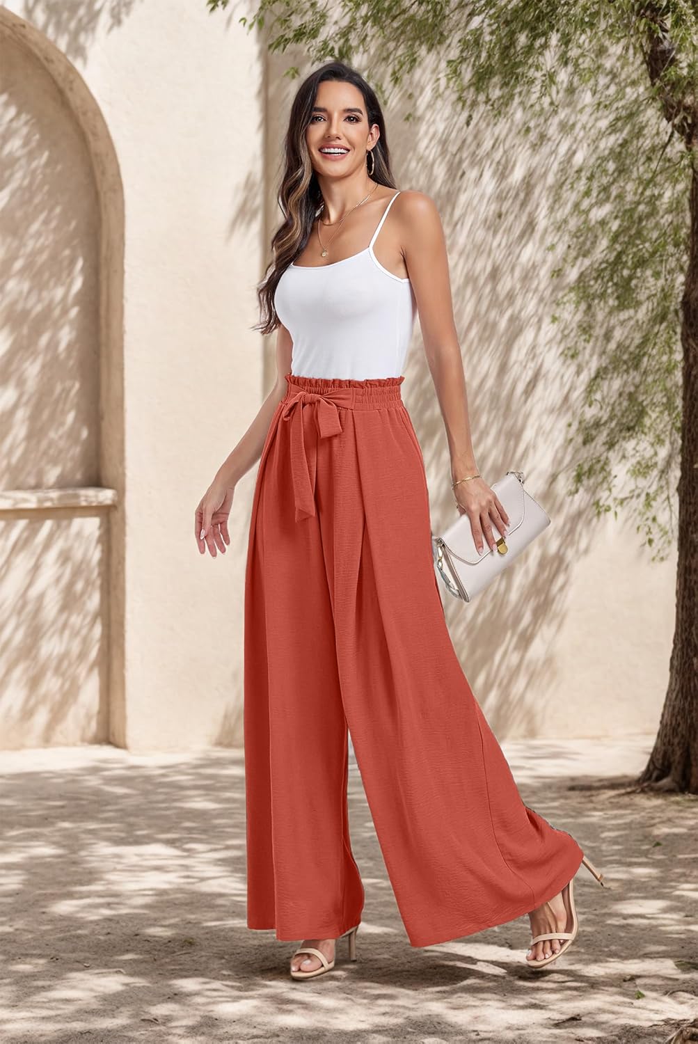 Lepunuo Wide Leg Pants for Women High Waisted Palazzo Pants Work Casual Flowy Tie Knot Trousers with Pockets - Image 2