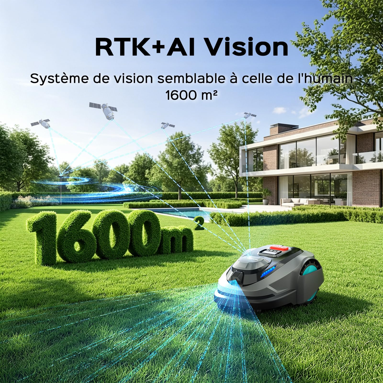 YARDCARE N1600PRO Robot Tondeuse sans câble périphérique, jusqu'à 1600 m², Navigation RTK et Vision IA, détection de Plus de 300 Obstacles, Tonte en U, APP Gestion Multi-Zones et Hauteur 20–60 mm