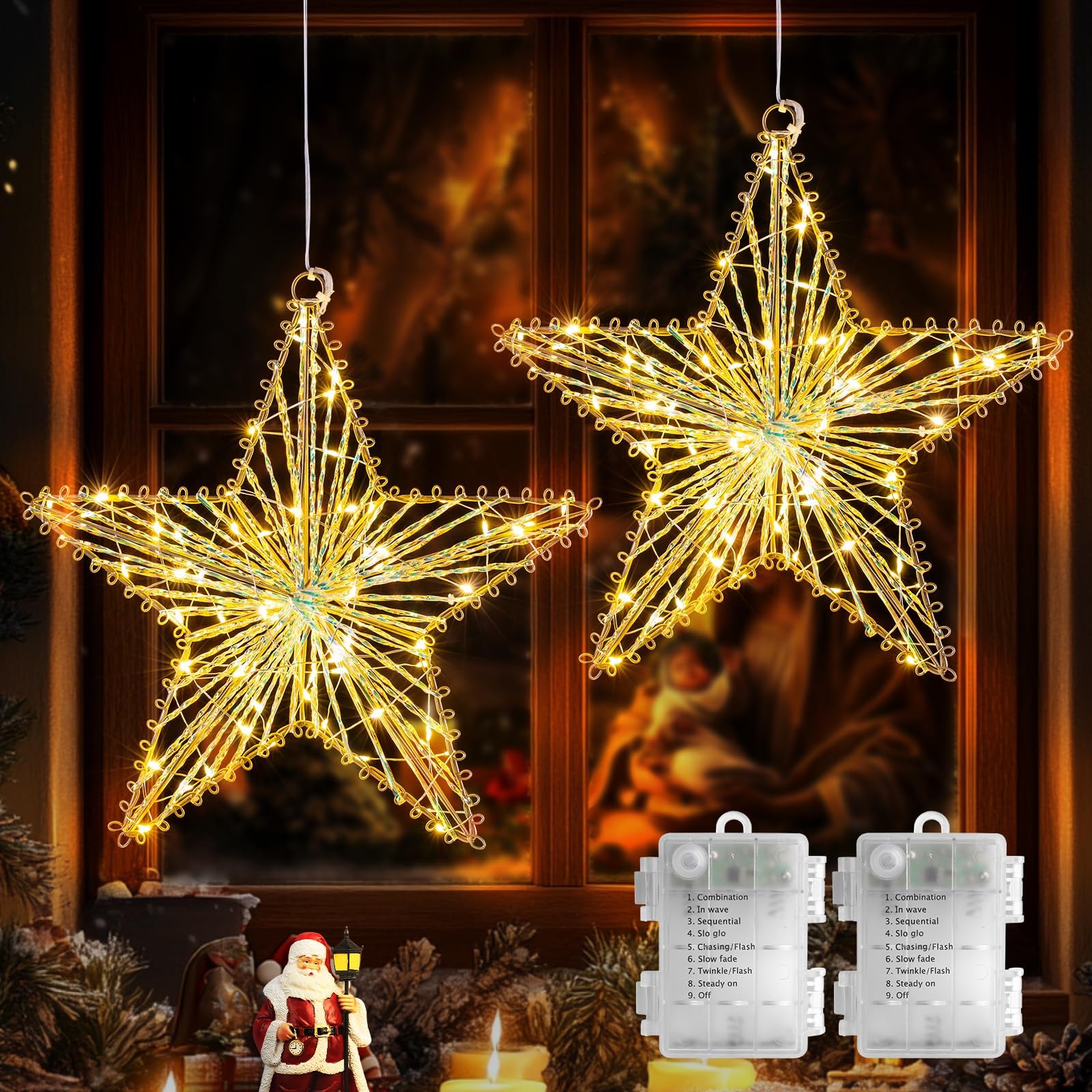 GlobaLink Estrella Interior Exterior, 2 Pc 60 LED Luces | Navidad Ventana por Batería Tridimensional Decoración Navidad Impermeable con Temporizador, 8 Modos