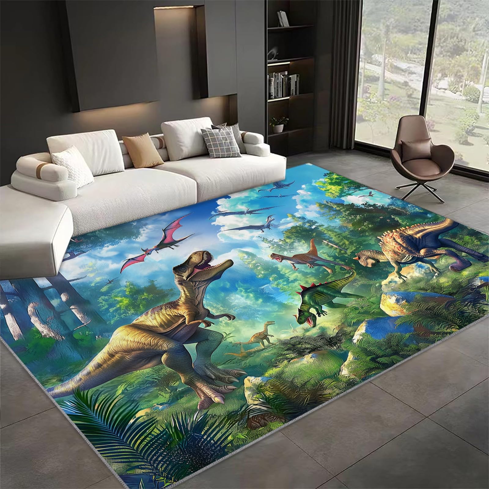 Grüner Dinosaurier Wald Teppich 80x150 cm für Wohnzimmer & Schlafzimmer, Waschbar in Waschmaschine, Weicher Kurzflor Teppich für Kinderzimmer