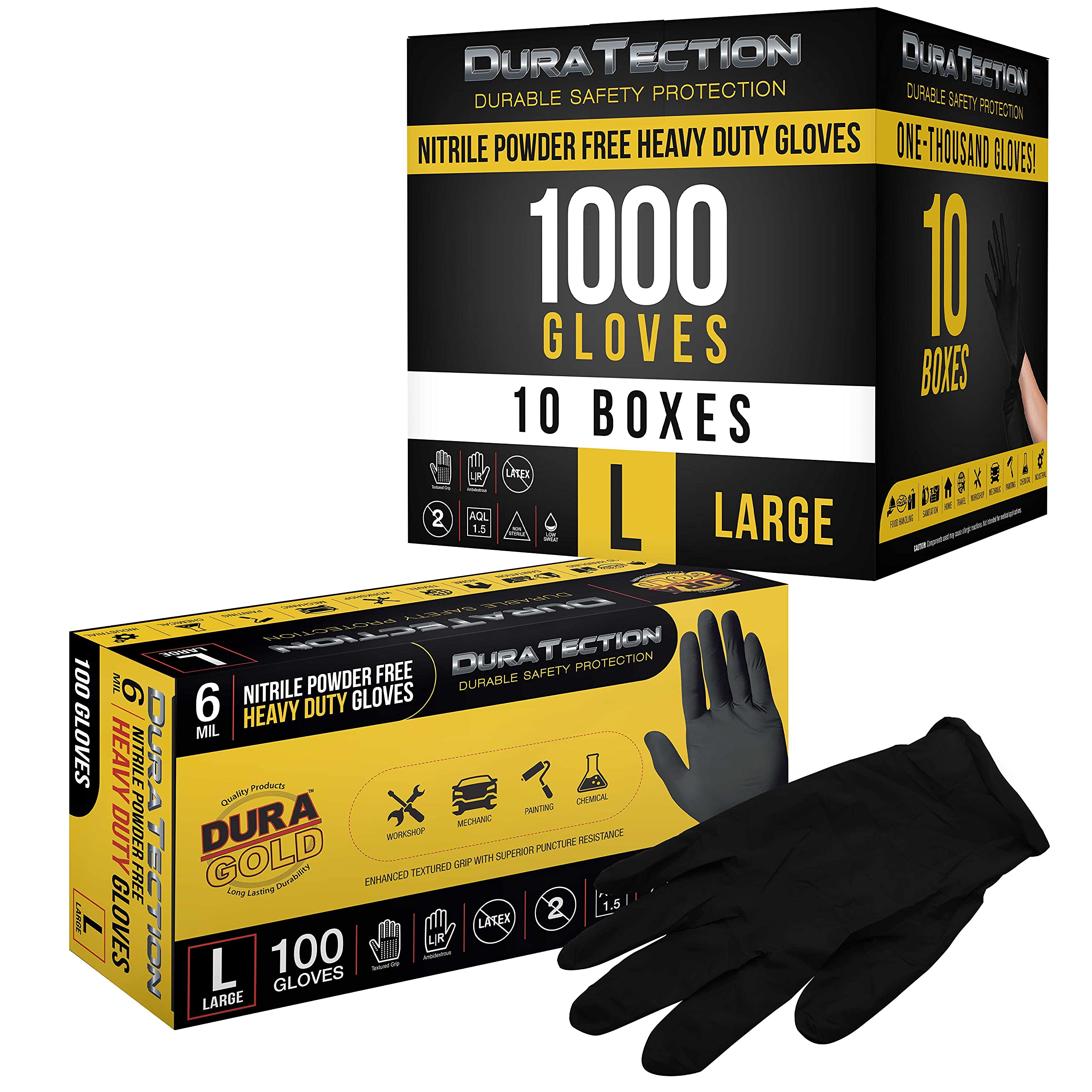 Dura-Gold Guantes desechables de nitrilo negro HD, 10 cajas de 100, tamaño grande, 6 mil, sin látex, sin polvo, agarre texturizado