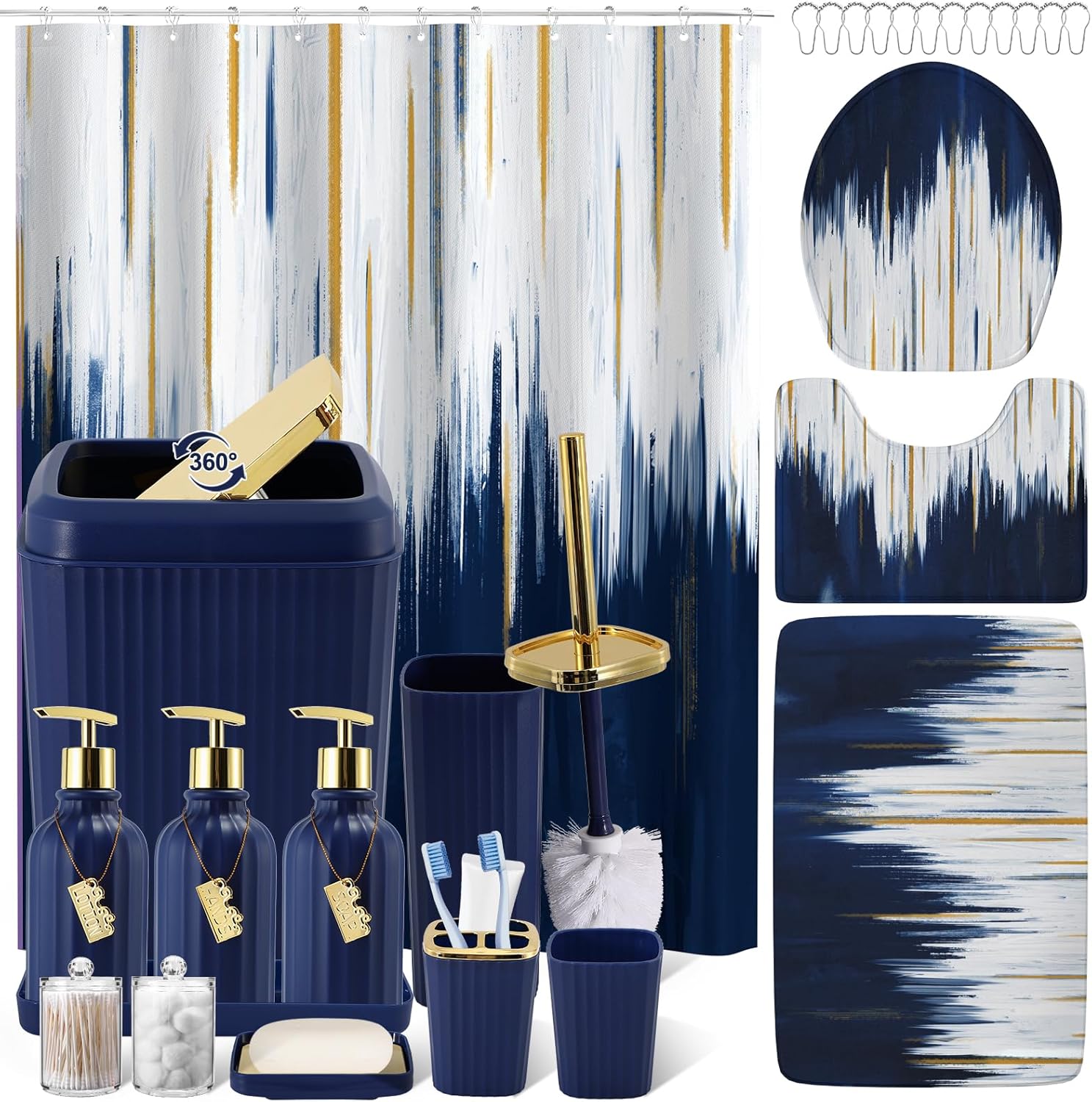 32PC Bathroom Sets with Shower Curtain and Rugs-Navy Blue Bathroom Accessories,Non Slip Bathroom Rugs Set with Toilet Lid Cover, Waterproof Shower Curtain, 3PC Soap Dispenser with Trash Can Navy Blue Bath Set+Oil Painting Shower Curtain+Bathroom Rugs
