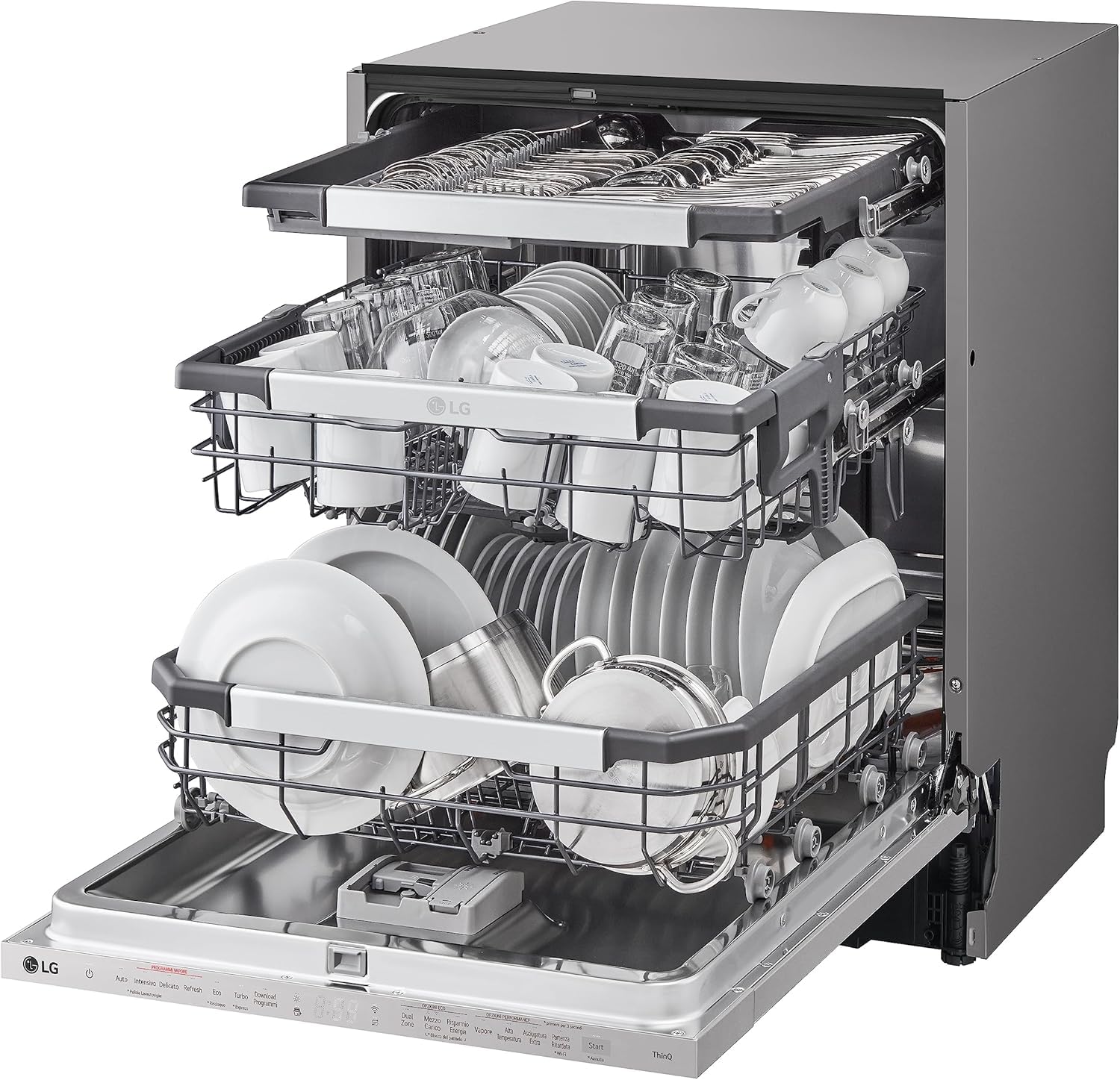 LG QuadWash DB365TXS Lavastoviglie da Incasso a Scomparsa Totale, Serie 3, Classe B, 14 coperti, 4 Bracci Irroratori, Vapore, Cerniere Sliding, Apertura Automatica, 3° Cestello, Wi-Fi, Acciaio