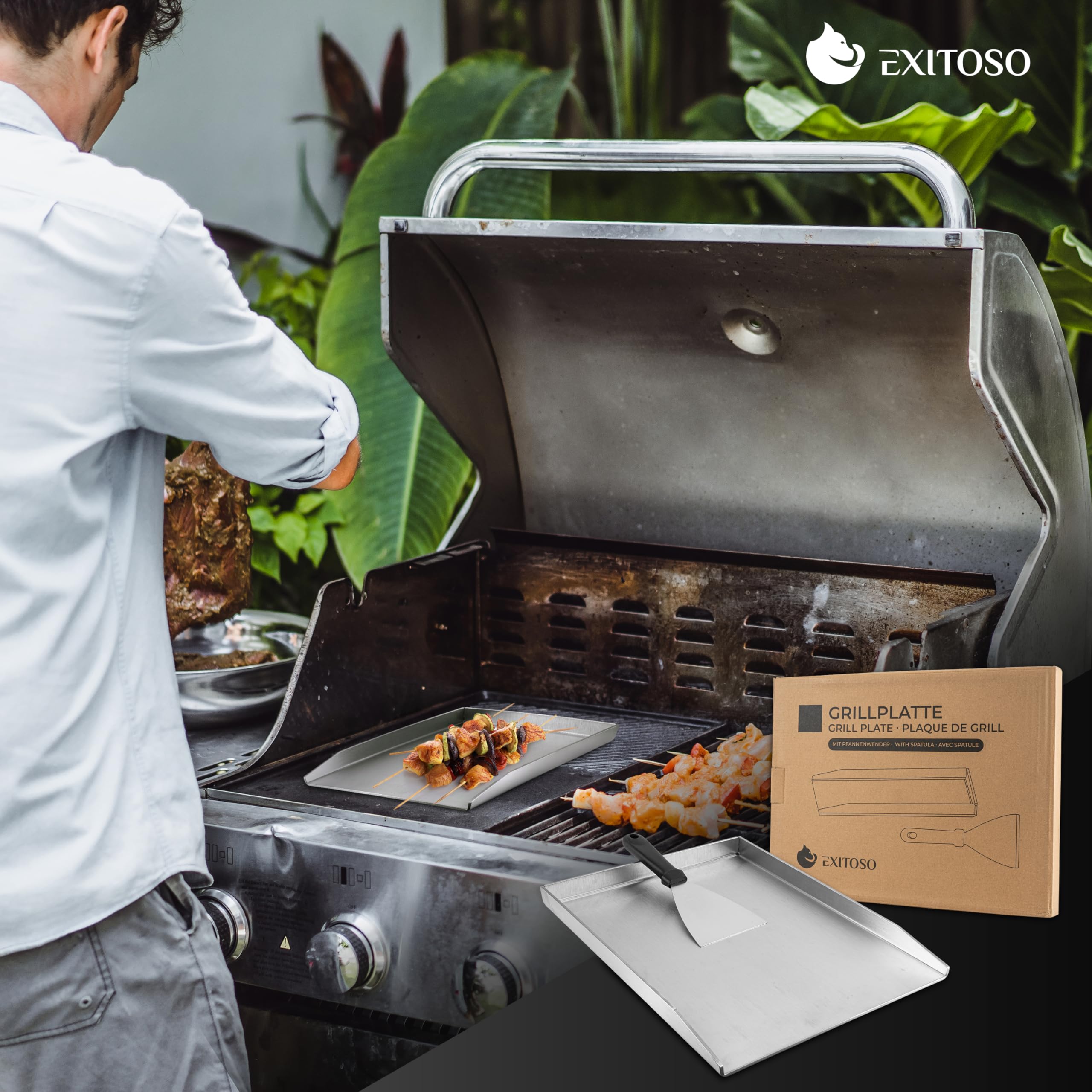 Exitoso Grillplatte 30x40cm | Plancha Mit Grillspachtel | Gasgrill Aus Dickem & Rostfreiem Edelstahl | 4mm Dicke | Universalgröße, Silber