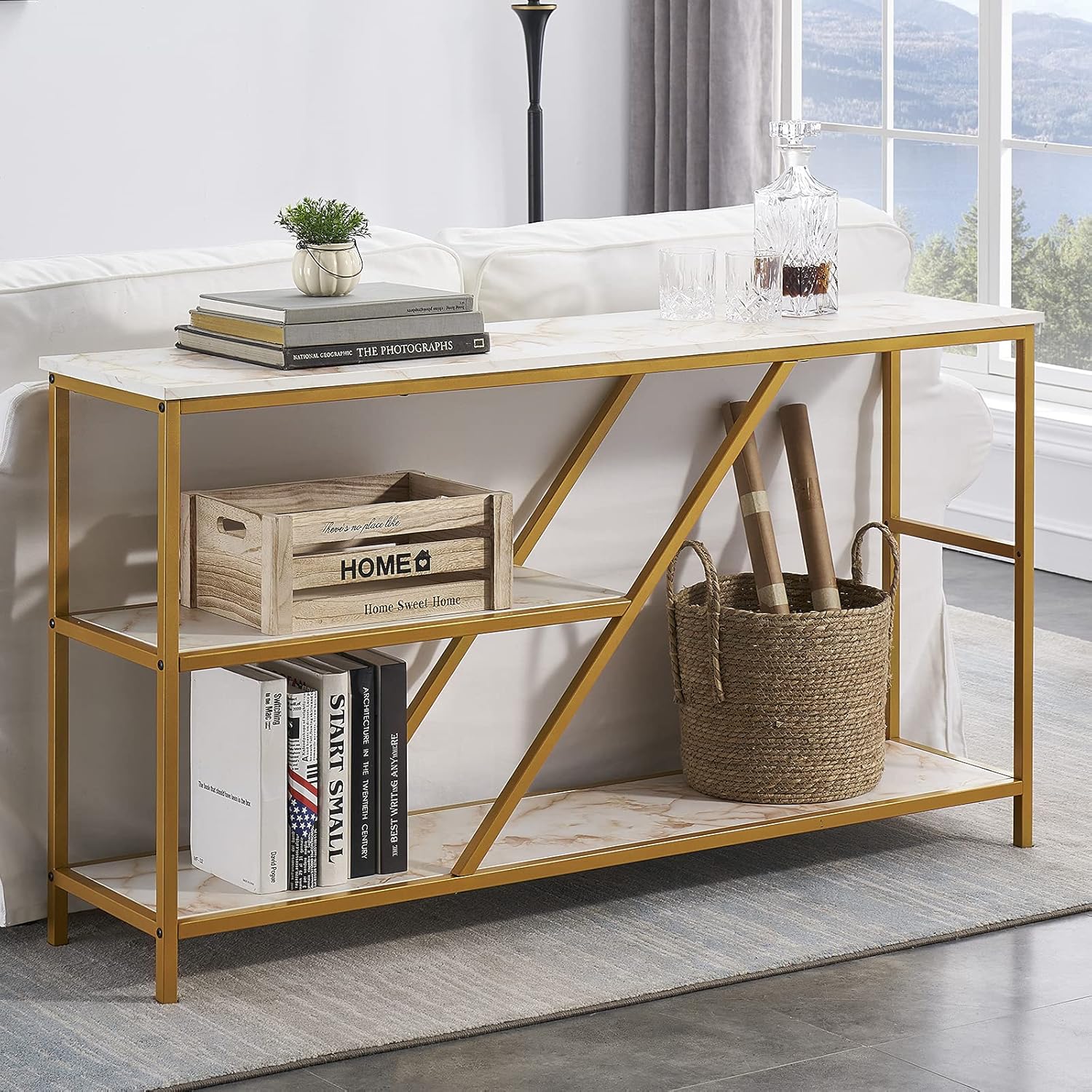 MHAOSEHU Console Tables for Entryway Modern Sofa Table with Shelves, 3 Tier Hallway Table Entry Table with Storage, Faux Marble/Earthy Yellow 47 Inch : Home & Kitchen