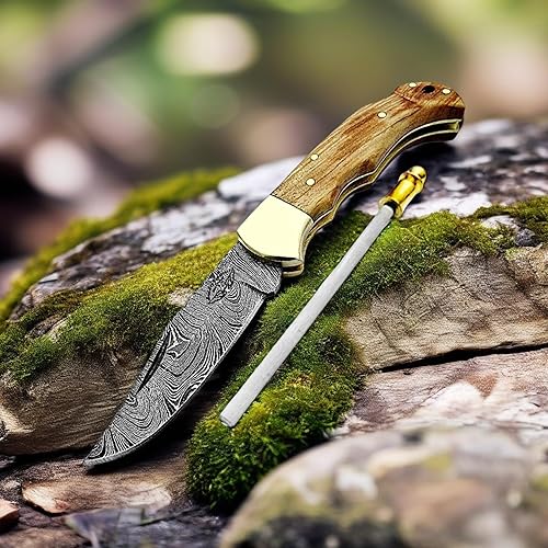 Miniatura 8 de Cuchillo de acero de damasco de bolsillo 65 pulgadas de madera azul hecho a mano juego de cuchillos de bloqueo negro para caza pesca campamento