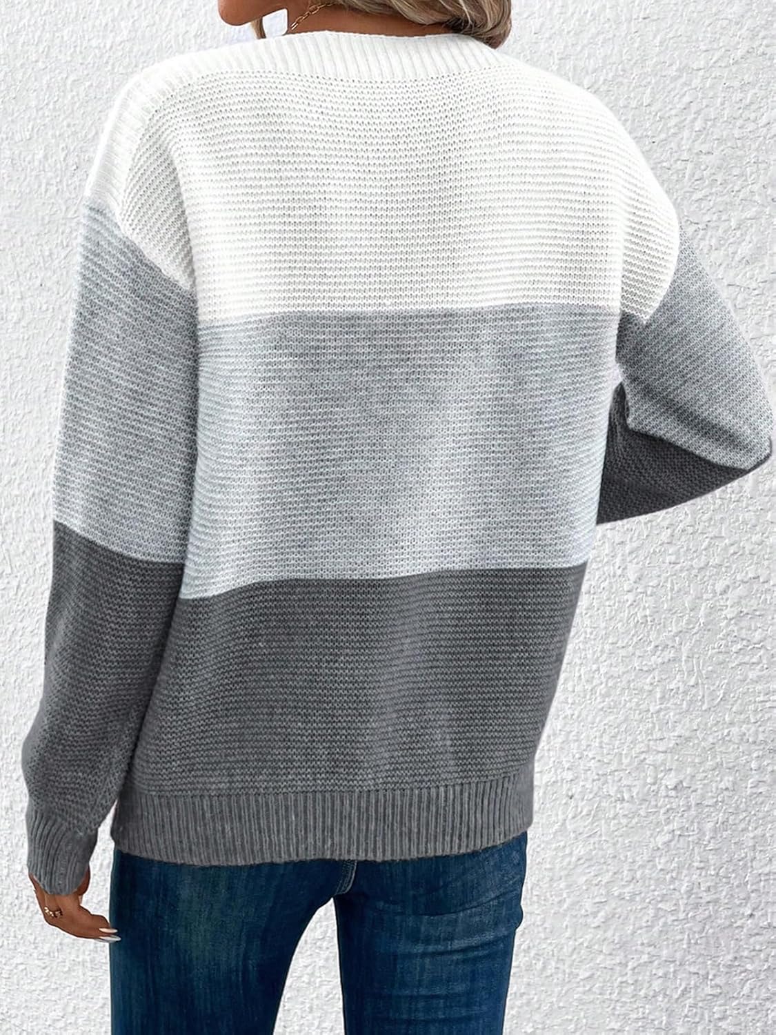 Womens Long Sleeve Crew Neck Color Block Fall Fashion Knitted Pullover Sweaters Jumper Tops