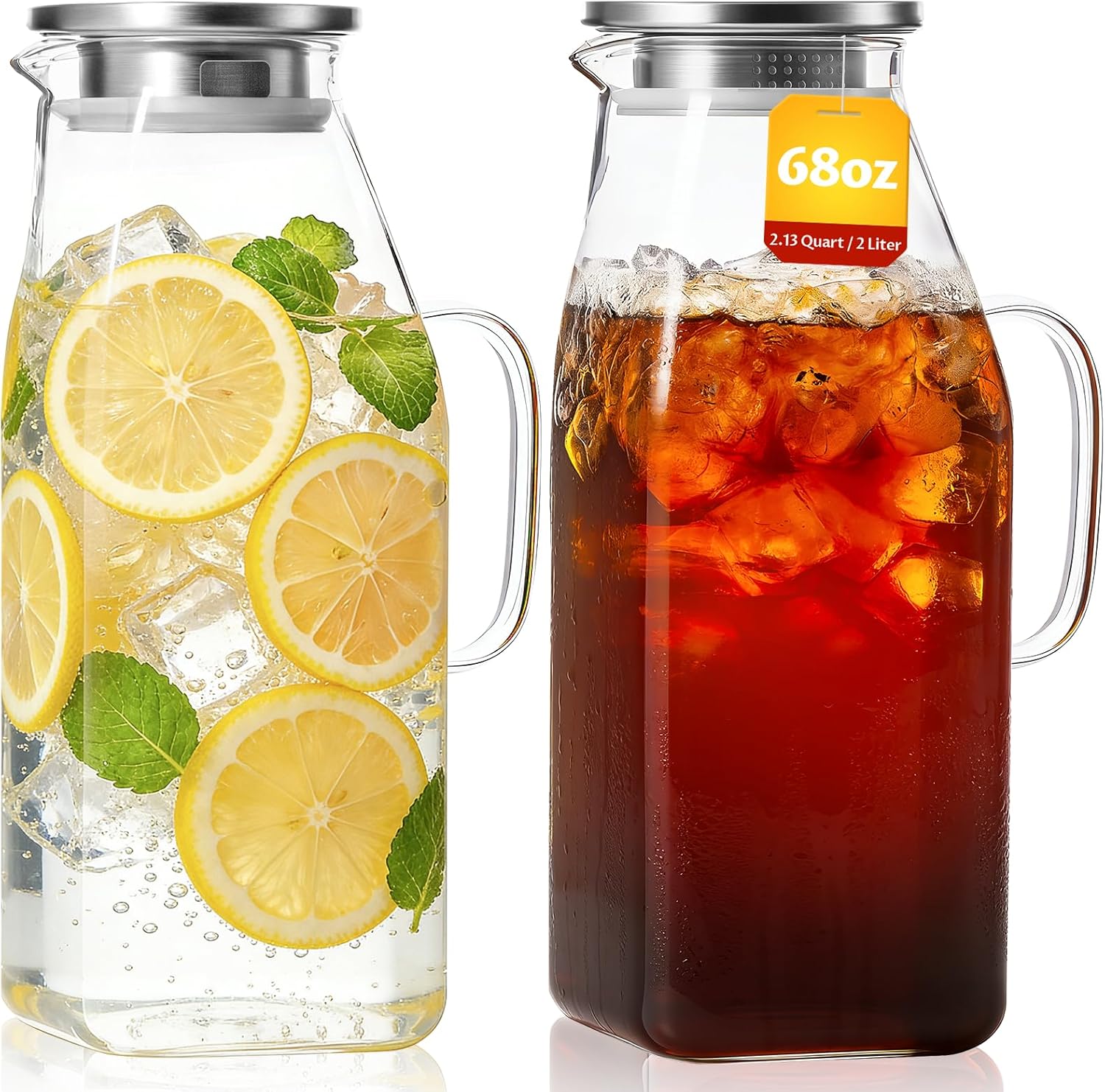 2-Pack 68oz Square Glass Water Pitcher with Lid – Borosilicate Carafes with Handle and Filter Lid for Hot & Cold Beverages, Iced Tea, Coffee, and Fridge Door Use