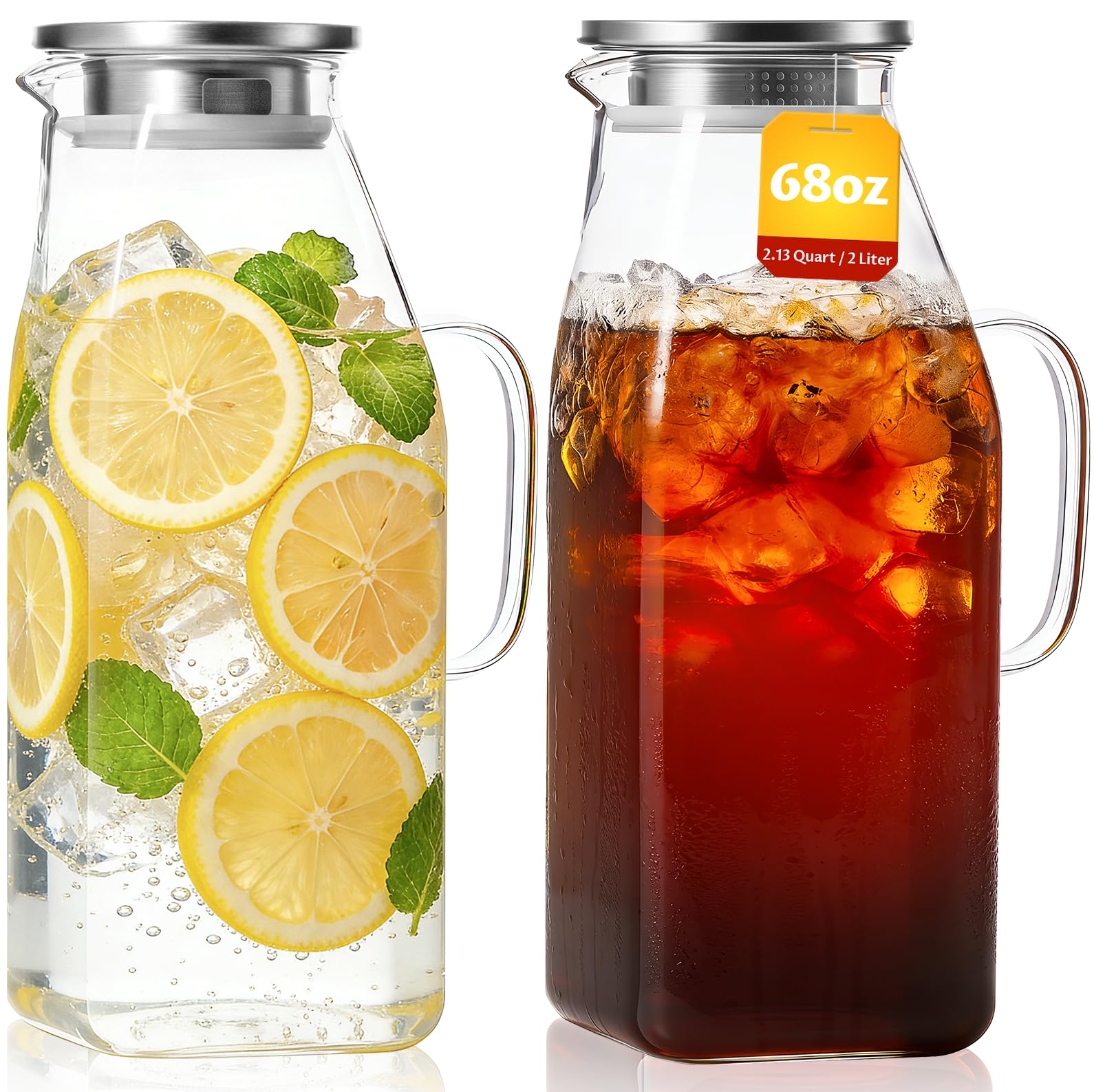 Photo 1 of 2-Pack 68oz Square Glass Water Pitcher with Lid – Borosilicate Carafes with Handle and Filter Lid for Hot & Cold Beverages, Iced Tea, Coffee, and Fridge Door Use