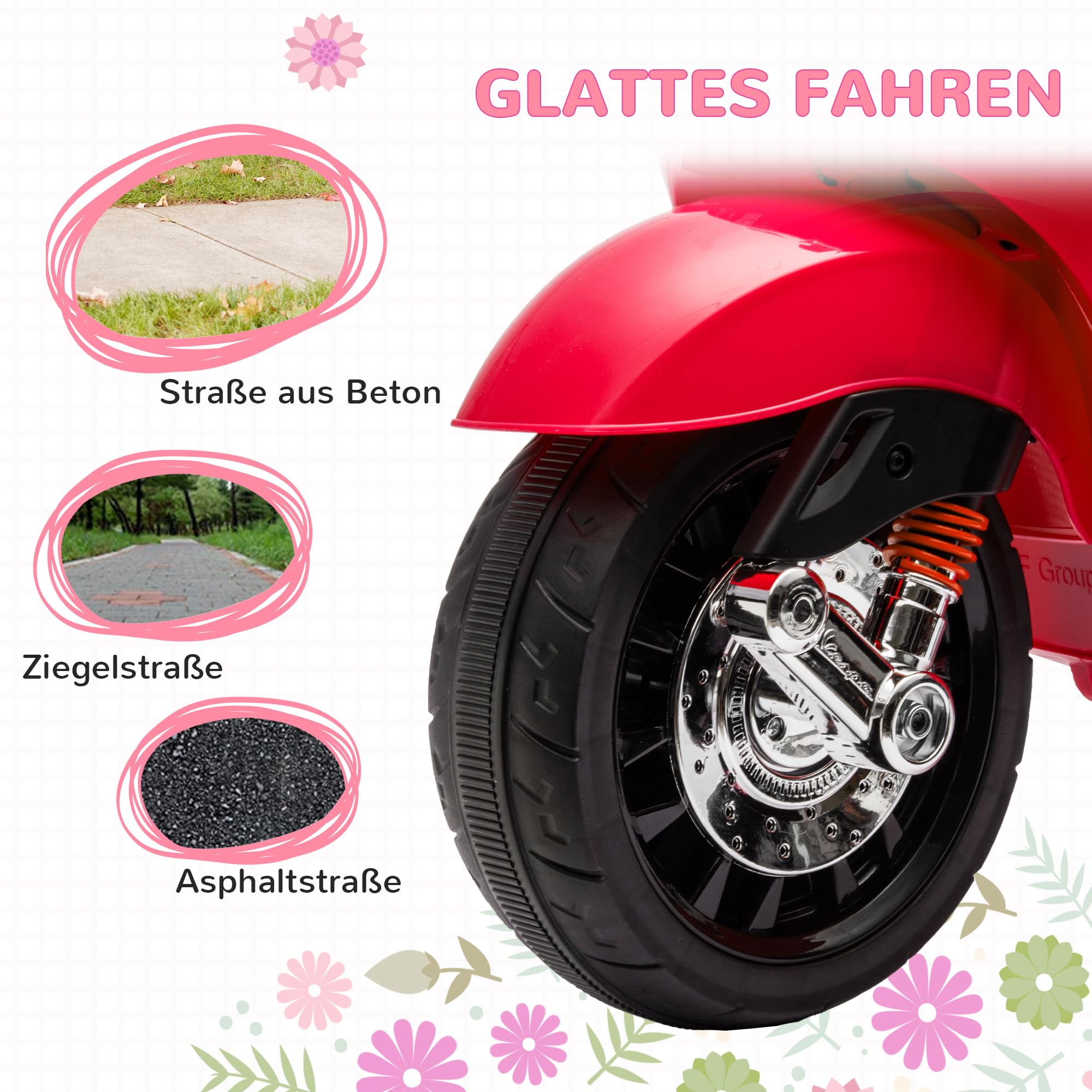 AIYAPLAY Elektro Kindermotorrad, Vespa 6V Elektromotorrad mit MP3, USB, FM-Radio, LED-Scheinwerfer, Kinderfahrzeug mit 2 Stützrädern, Elektro Motorrad für 3-6 Jahre Kinder, Rot