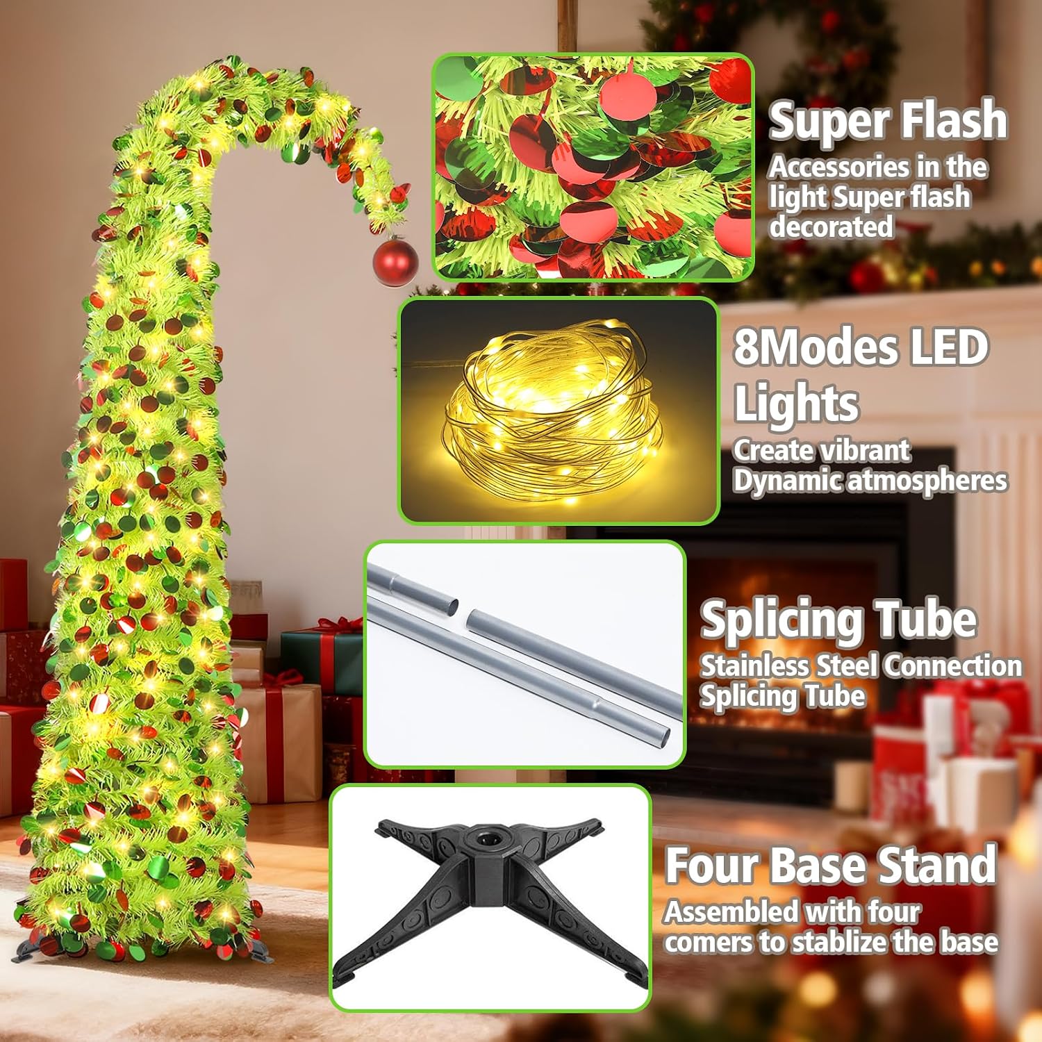 HMASYO 5 FT Whimsical Pop Up Christmas Tree with Timer Lights, Lime Green Christmas Tinsel Tree Collapsible Artificial Curved Pencil Tree for Indoor Home Apartment Porch Holiday Party Decorations