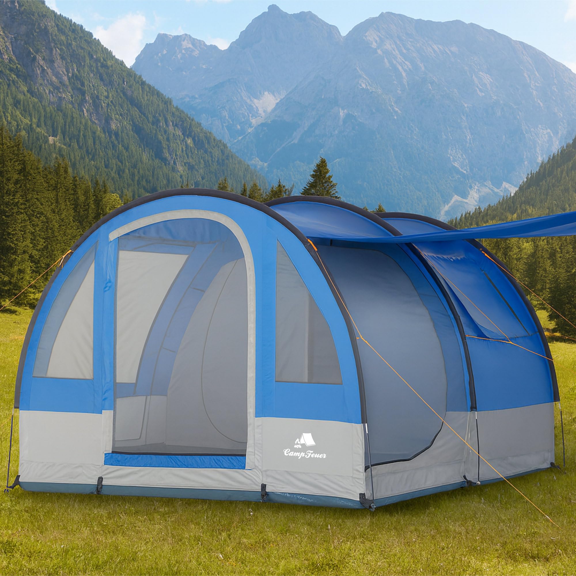 CampFeuer Tenda da campeggio Smart per 4 persone | Tenda familiare grande con 3 entrate e 2.000 mm di colonna d'acqua | Tenda a tunnel | Tenda per gruppi