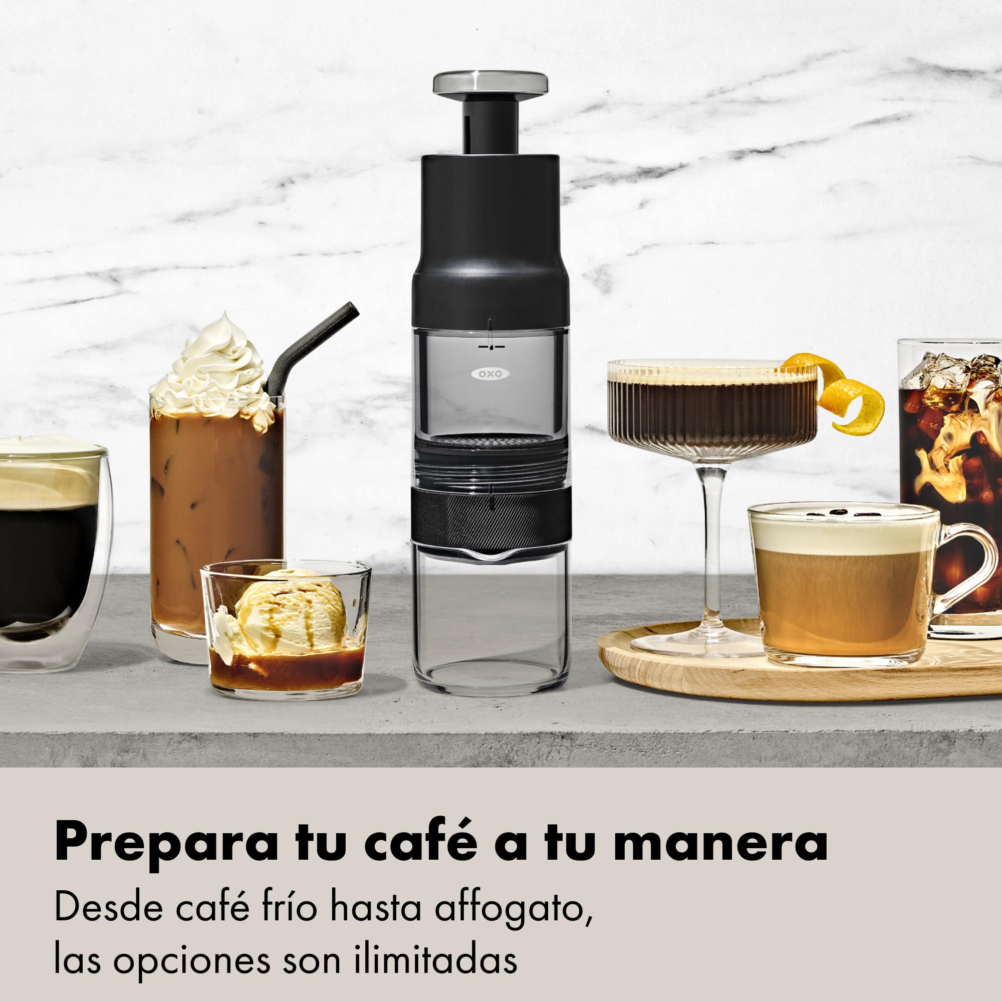 OXO Brew Rapid Brewer, Cafetera Manual Portátil | Café caliente en 2 min, cold brew en 5 min, filtro integrado, sin cápsulas ni papel, compacta para viajar