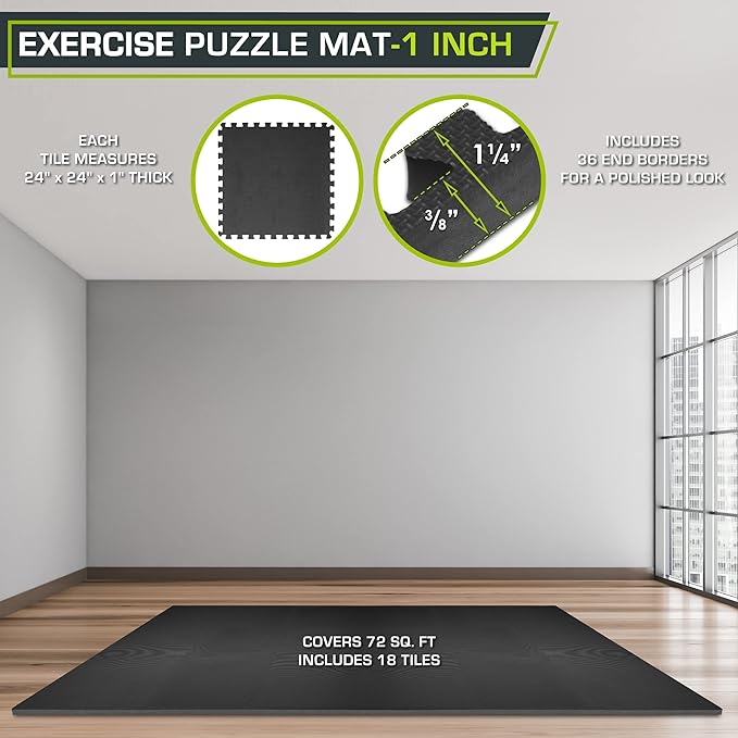 ProsourceFit Tapete de Ejercicio Extra Grueso de Rompecabezas, Baldosas Interconectables de Espuma EVA para Piso Protector y Acolchonado para Entrenamiento en Casa y Gimnasio, Negro - 1 pulg - 72 pies cuadrados - 18 Baldosas miniatura 2