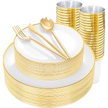 ejonirinjonir 180pcs Elegant White Plastic Plates for Wedding, Gold Trim