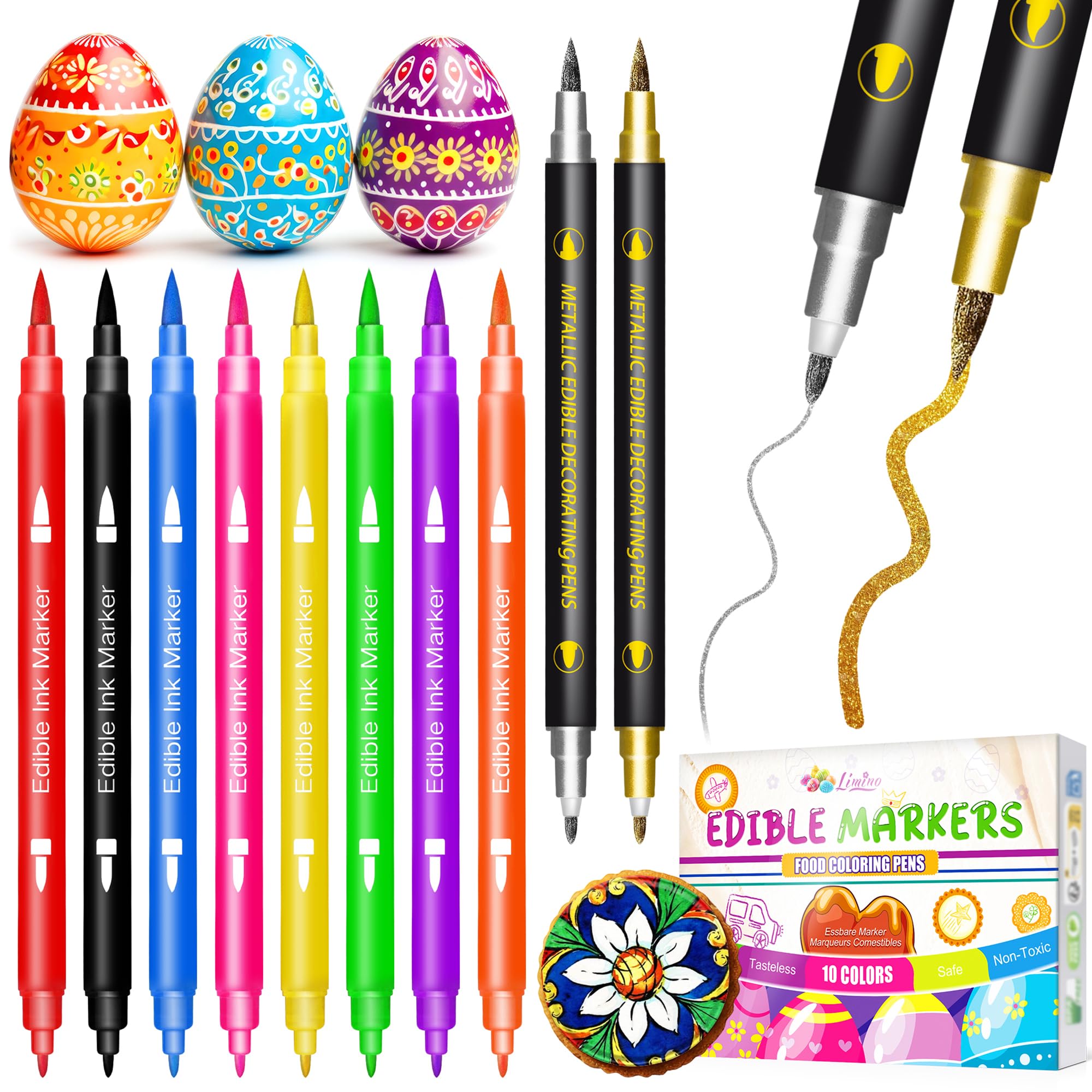 Lebensmittelfarbe Stifte - 10 Stücke Lebensmittelstift mit feiner & dicker Spitze, Lebensmittelfarbe zum Bemalen von Kuchen, Keksen, Fondant, Zuckerguss, Ostereiern, Lebensmittelechte Gourmet-Stifte