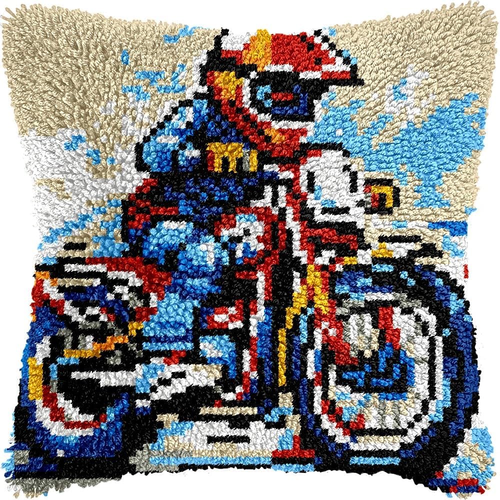 Motor Bike Latch Hook Pillow Kits Pillow Cover Latch Hook Crafts Crochet Knitted Hooking Pillowcase Cushion Crafts Embroidery Latch Hooking Kits Material Set 17x17 inch(149)