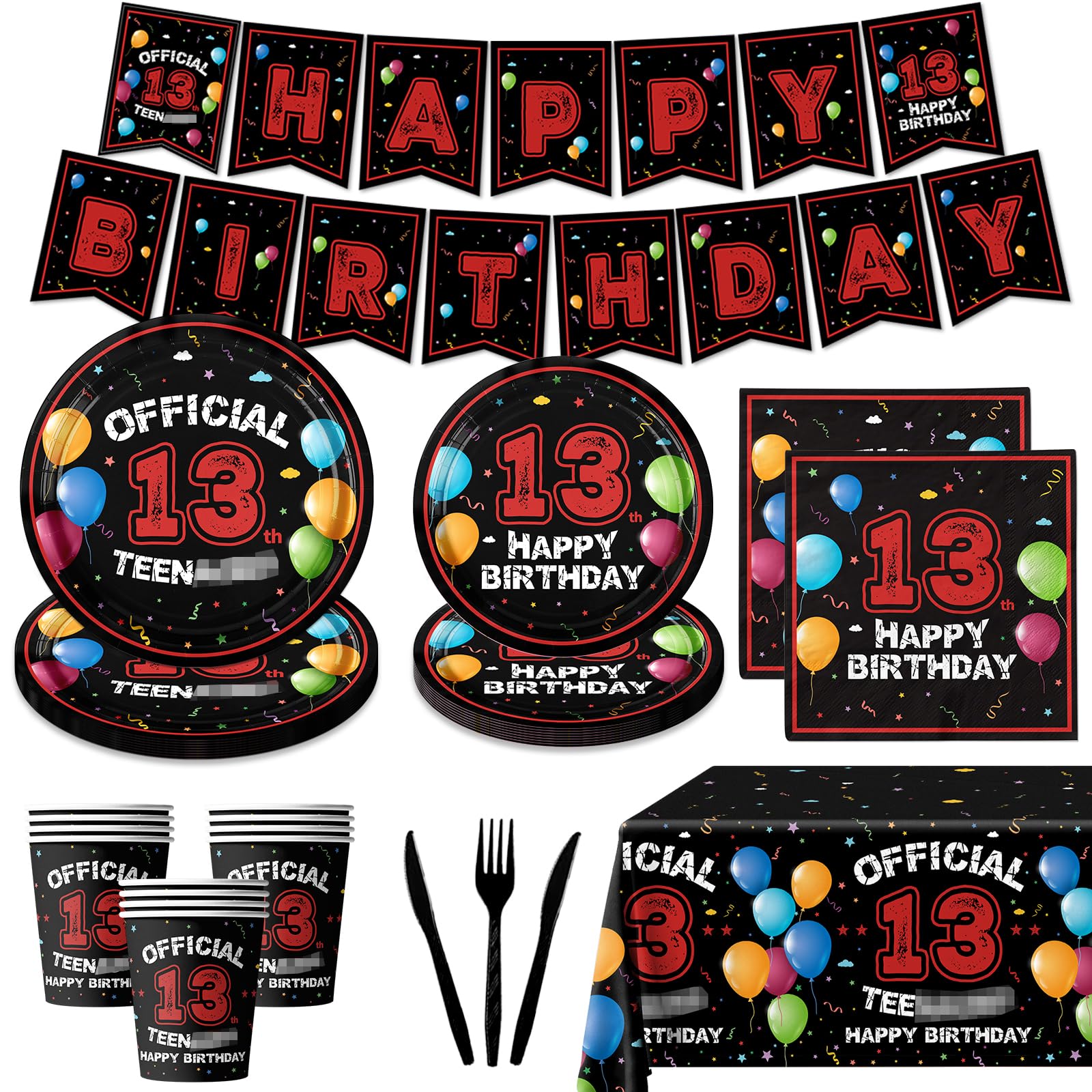 Dydamud 13 Year Old Boy Birthday Decorations, 13th Party Tableware Red Black Glitter Happy Birthday Plates and Napkins for Level 13 Unlocked