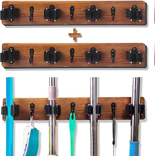Miniatura 1 de Paquete de 2 soportes para fregona y escoba de madera maciza, soporte de pared, 4 posiciones, 3 ganchos para el hogar, cocina, jardín, herramientas,