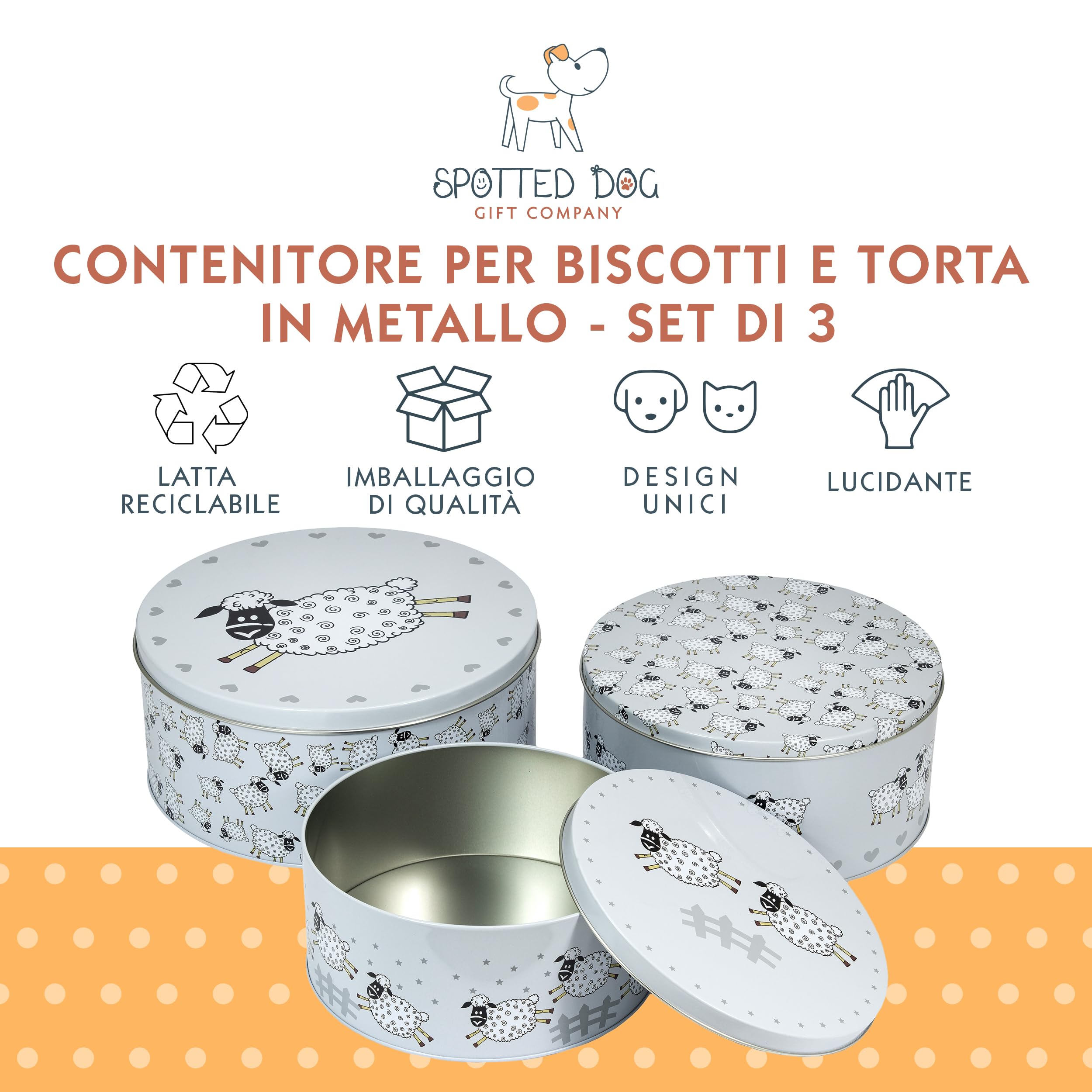 SPOTTED DOG GIFT COMPANY Set di 3 Scatole di Latta, Contenitori Impilabili per Biscotti in Metallo, Barattoli di Latta Rotondi Ermetici per Conservare Torte e Alimenti, Piccoli Medi Grandi - Pecore