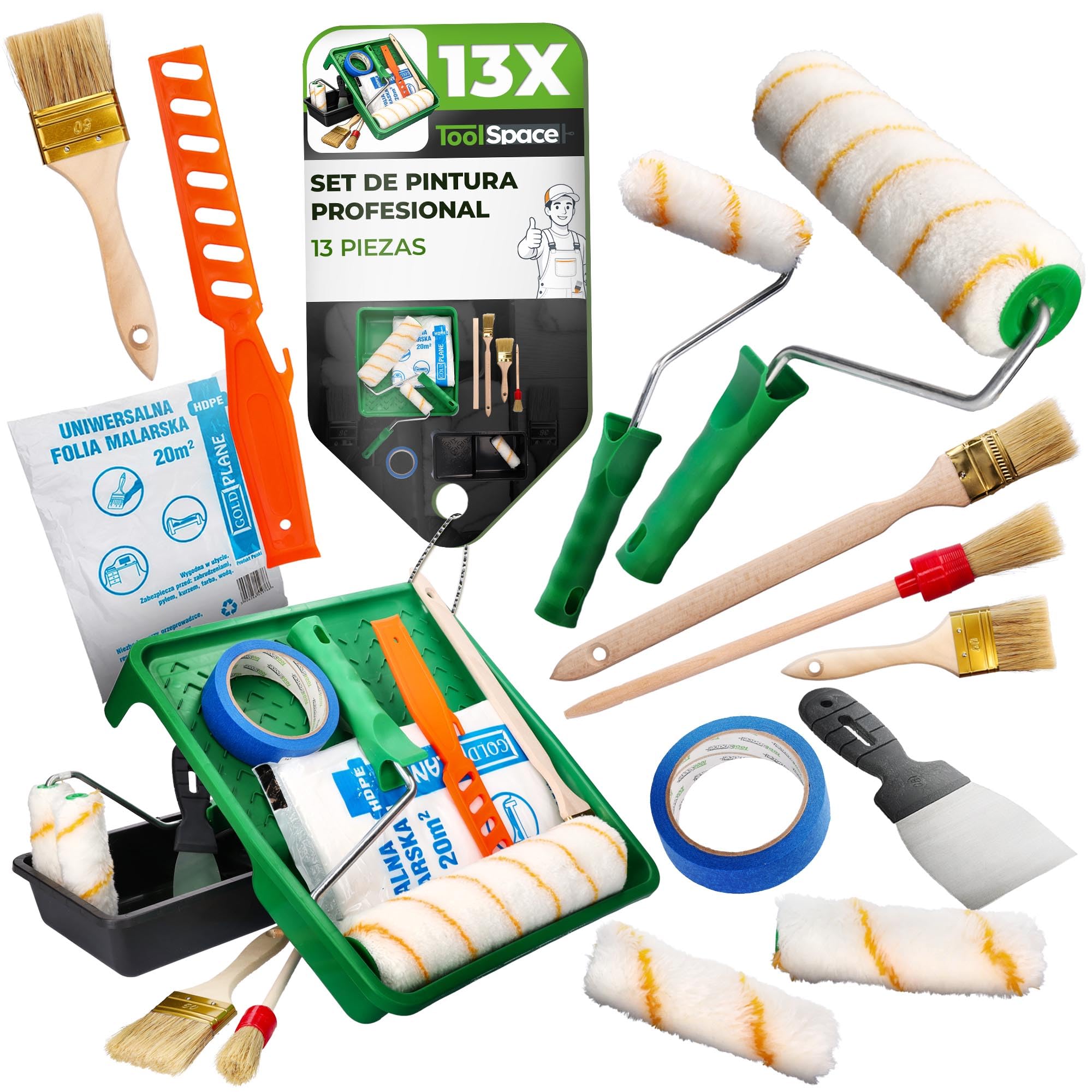 ToolSpace Set de pintura - 13 piezas - 2x rodillos de pintura, bandeja de pintura, 3x pinceles, agitador de pintura, espátula, cinta adhesiva y lámina - Set de pintura completo