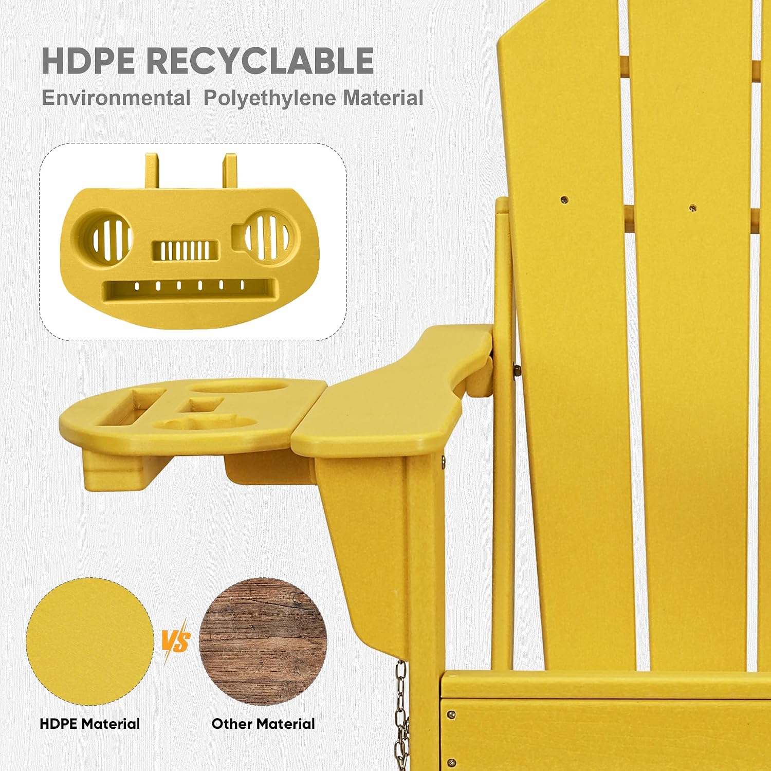FOOWIN Folding Adirondack Chair Set of 4, HDPE Adirondack Chairs with Cup Holder, Weather Resistant Plastic Fire Pit Chairs for Outdoor, Patio, Lawn, Garden, Backyard, Deck, Yellow