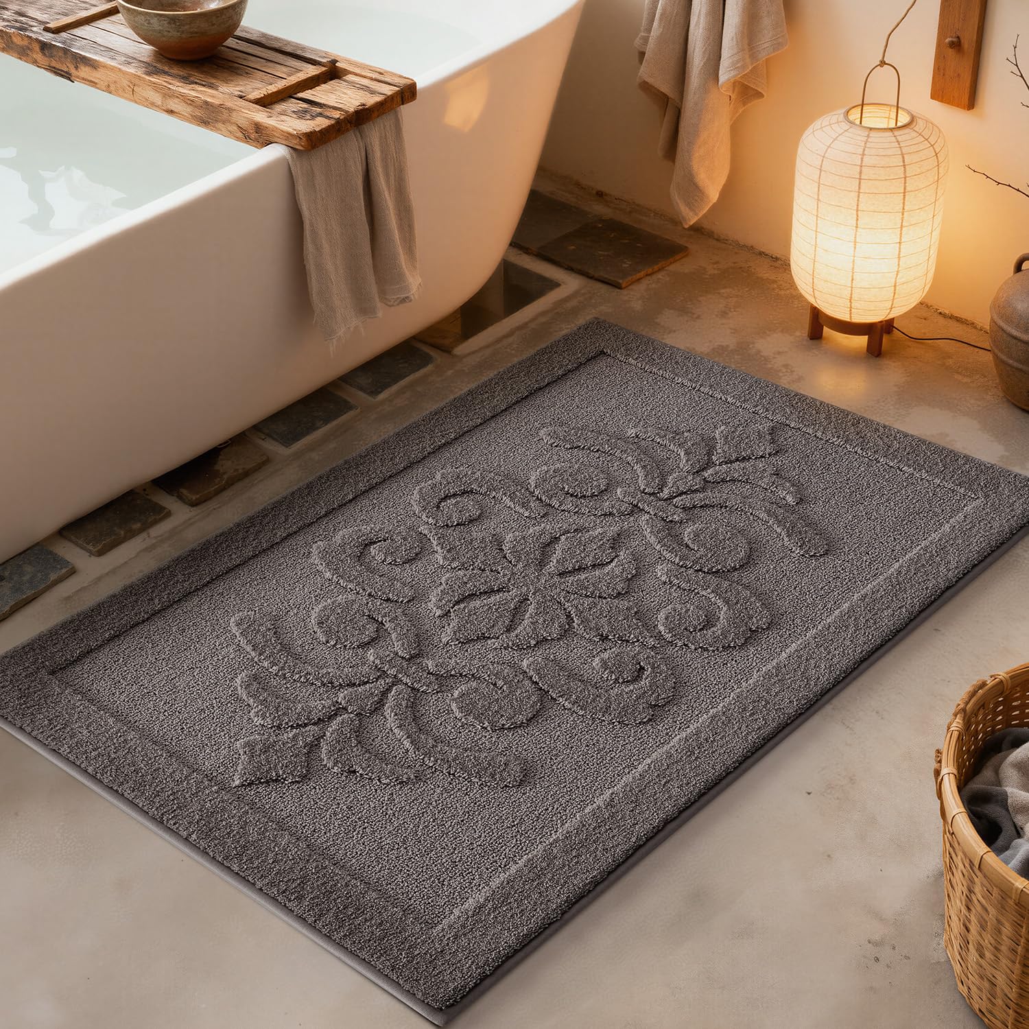 LUMI Ultra Absorbent Bath Mat Non Slip Rubber Backing, Machine Washable Bathroom Rugs Soft Premium Microfiber, Elegant Luxury Bath Rugs Quick Dry for Bathtub and Shower Floor, Grey, 40x60cm