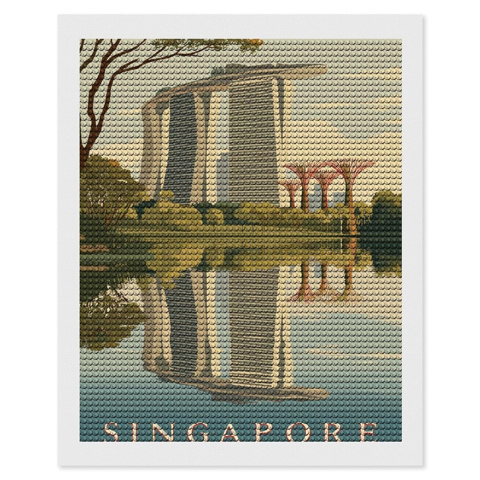 Junmoney Singapore Skyline with Marina Bay Sands DIY Diamond Art Canvas Kit 16"x20", Adhesive Canvas, Easy to Enjoy, Farmhouse Decor, Festive Craft Gift