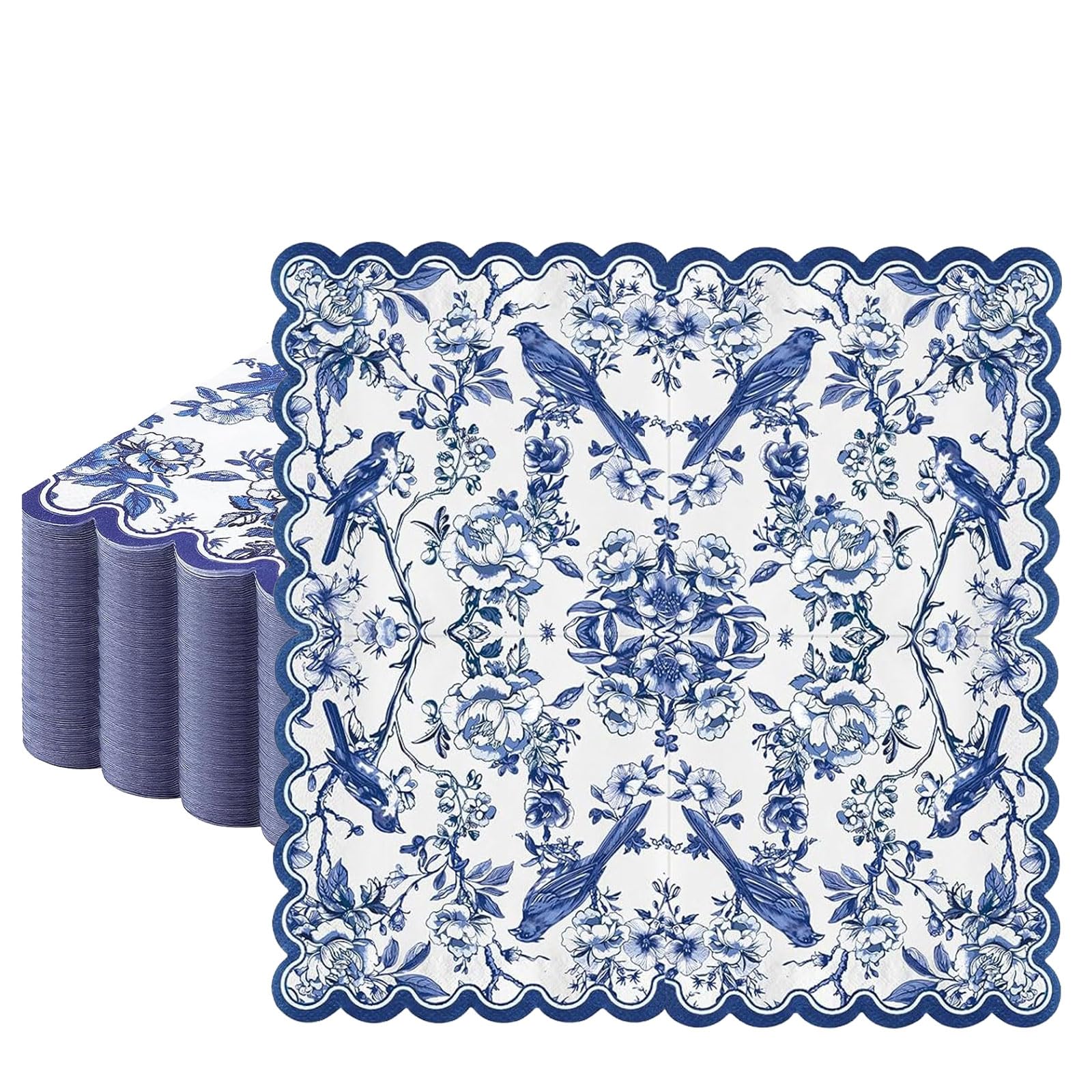 Floruvia 100 Pcs Blue Floral Scalloped Napkins, Disposable Cocktail Napkins with Birds and Vintage Chinoiserie Design for Baby Shower, Birthday, Decoupage & Party