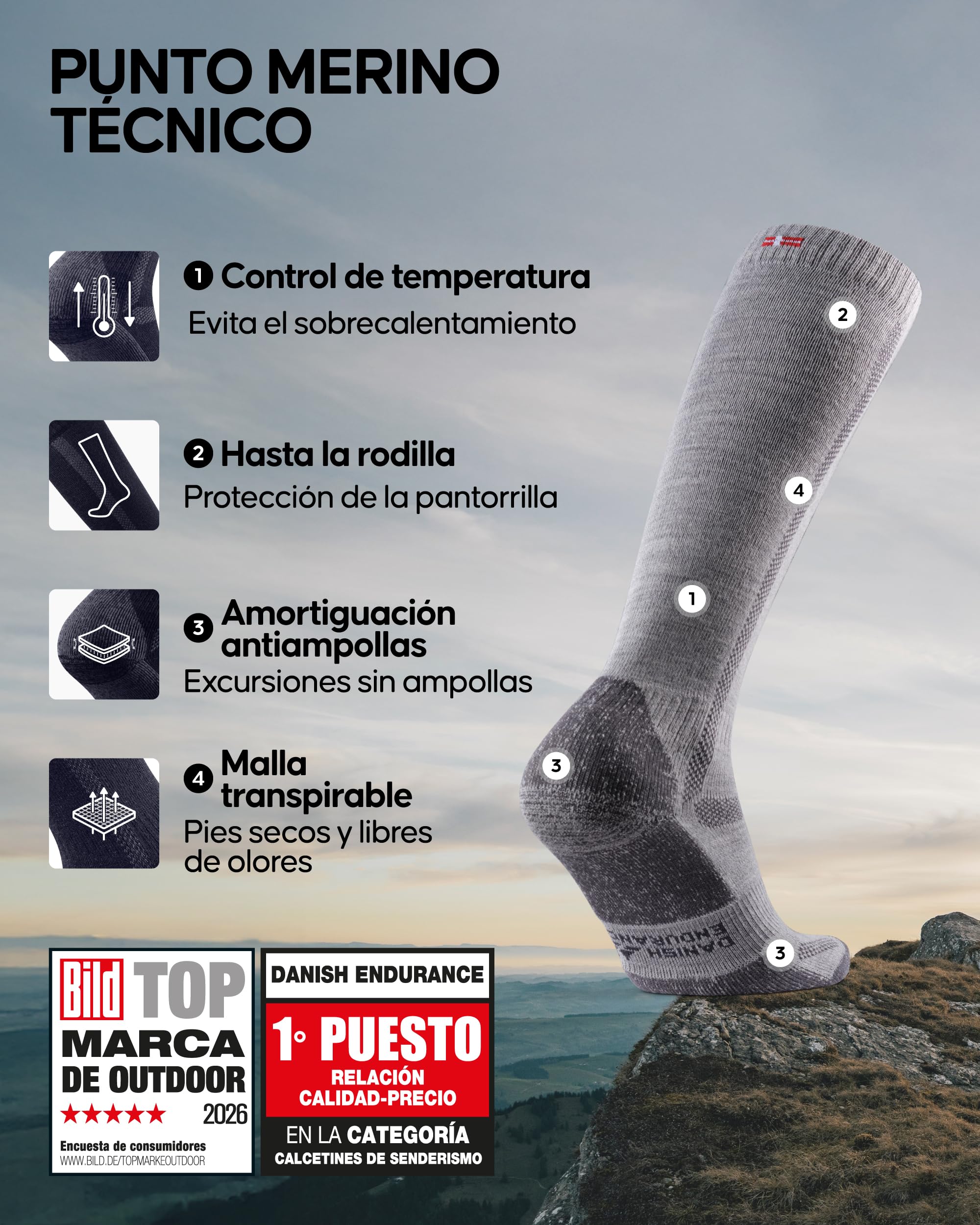 DANISH ENDURANCE Calcetines de Lana Merino Hasta la Rodilla Unisex Antiampollas Senderismo 1 Pack