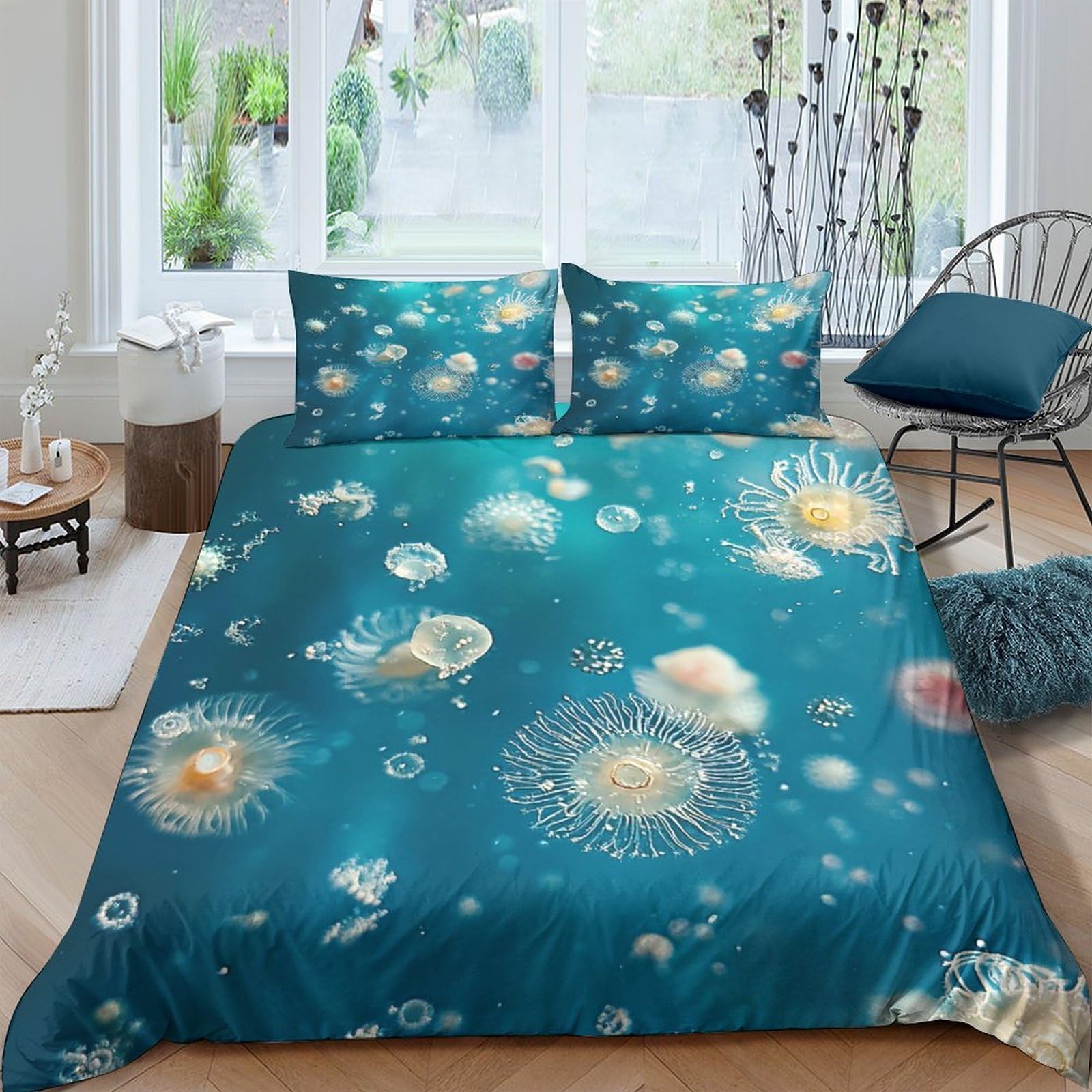 XFKLYNVCJ 3D Printed Jellyfish Underwater Bedding Cover Microfiber Marine Life Quilt Cover Hypoallergenic Wrinkle Free Comfortable for Guest Room Daily Bedding Use Single（135x200cm）