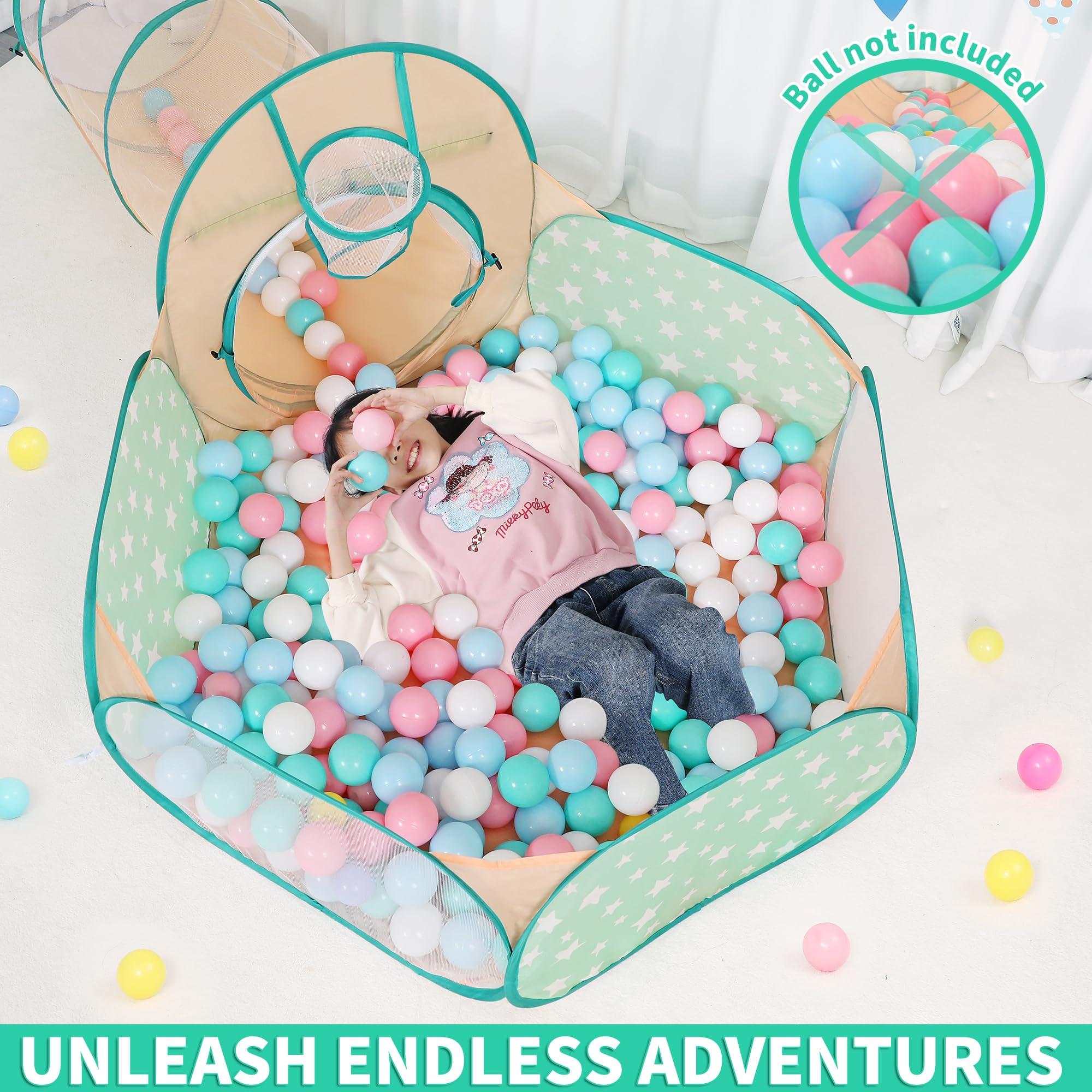 LimitlessFunN 5 in 1 Pop Up Kids Ball Pit Tents and Tunnels for Boys, Girls, Babies and Toddlers, Indoor/Outdoor Children Playhouse, Orange/Light Green - Image 5