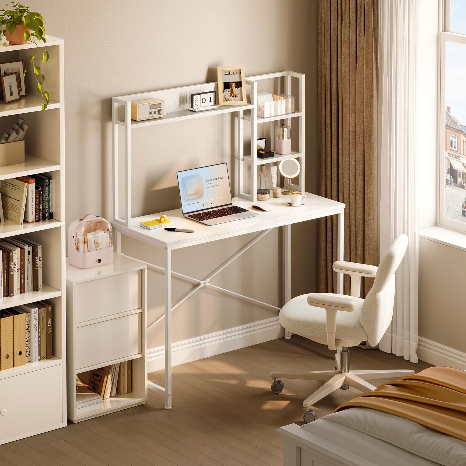 Coleshome Escritorio con Estantería, 100x40, Blanco | Mesa Ordenador, Pequeño Escritorio con Estante Mesa Oficina para Oficina, Estudio y Dormitorio