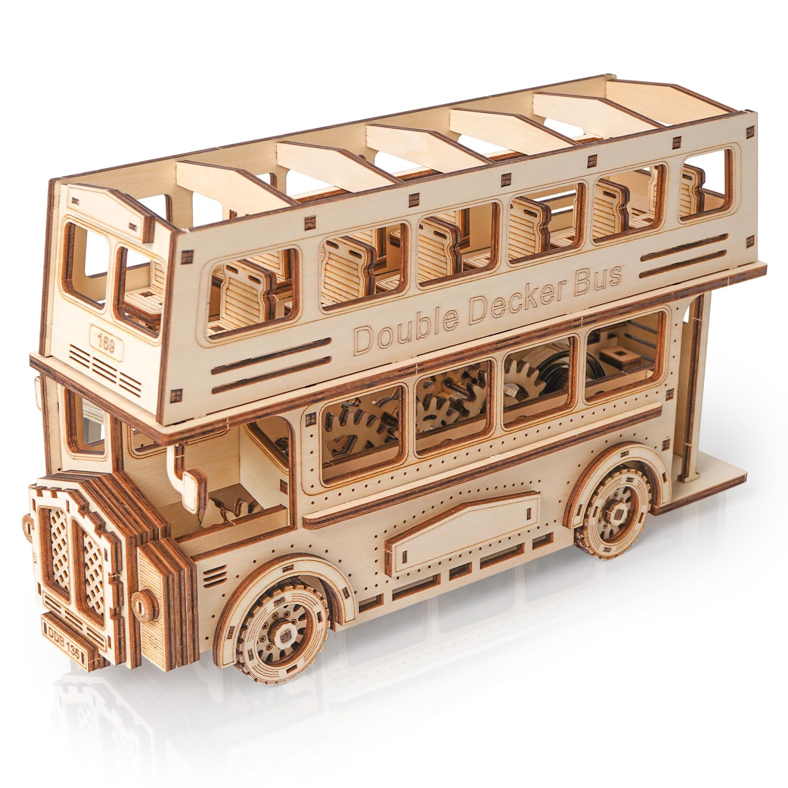Hallisun 3D Puzzles Double Decker Bus Wooden Model Kit, Self Assembly Bus Building Craft Set with Mechanical Gear, Classic City Tram Model Toy for 14+ Teens Adults, as Gift or Collection, 349 PCS